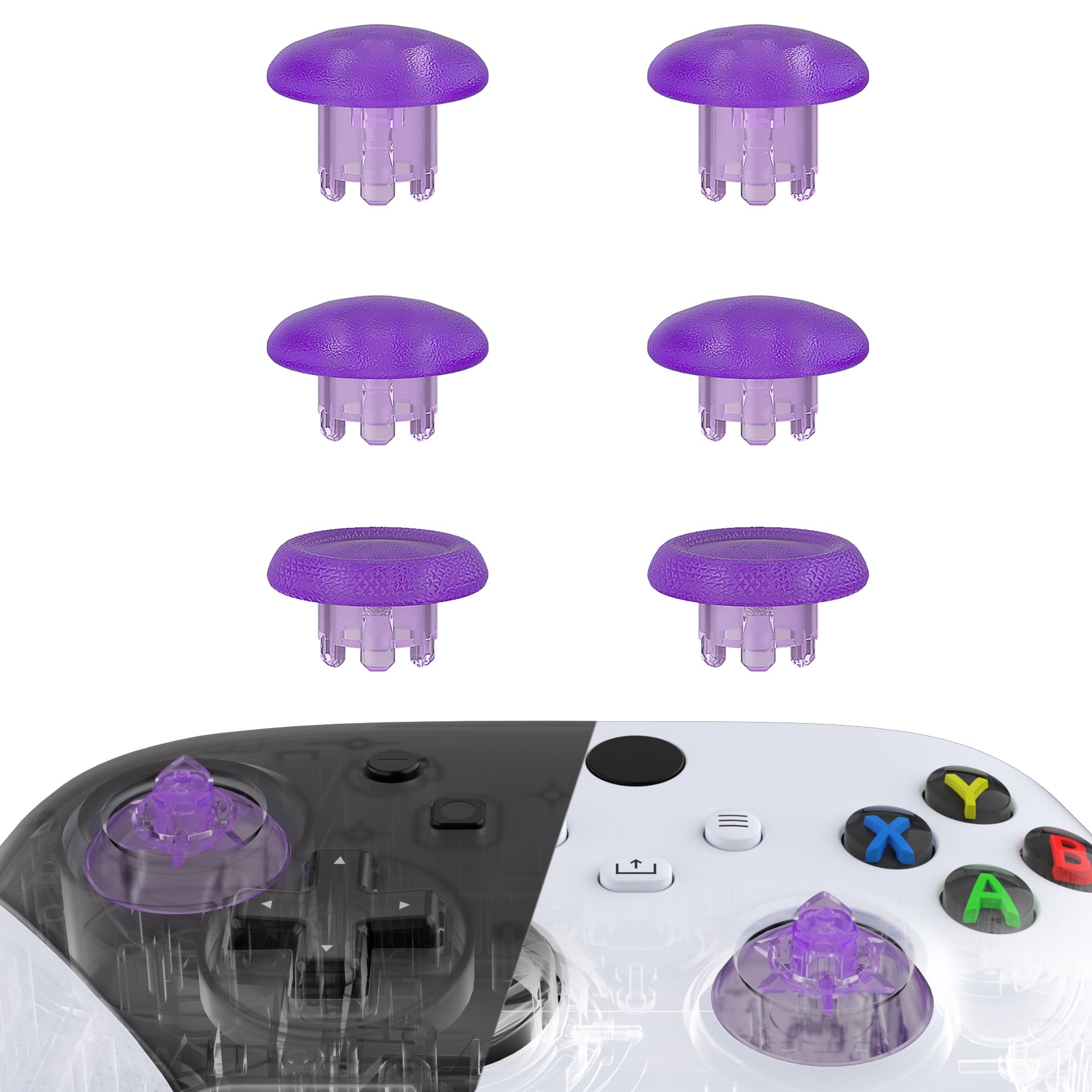 eXtremeRate Clear Atomic Purple Interchangeable Thumbsticks for Xbox Core/One S/X/Elite V1 & Nintendo Switch Pro Controller - Replaceable Analog Joystick for Enhanced Gaming Performance - Perfect for FPS, Racing & Action Games