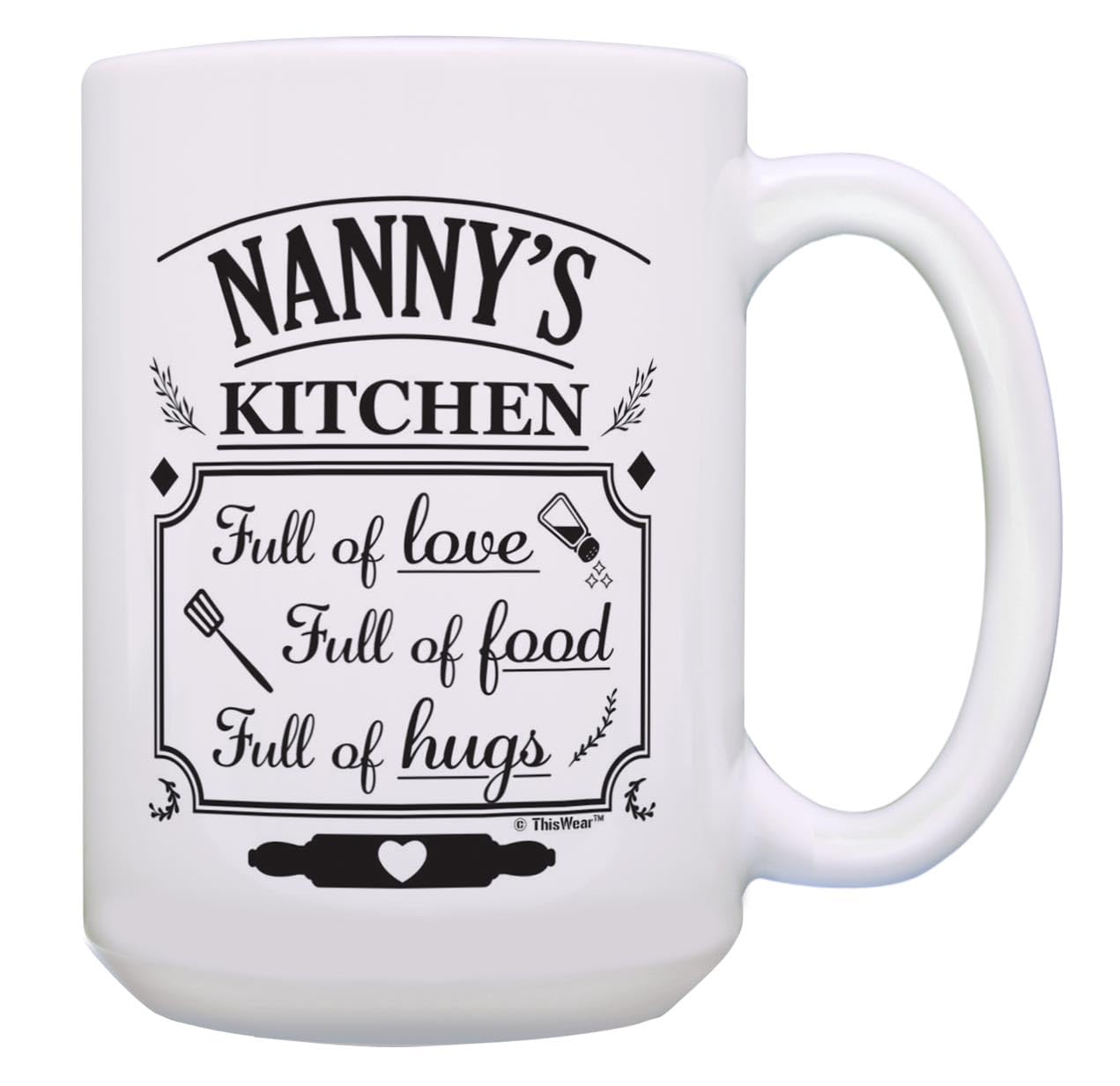 Best 15oz Ceramic Coffee Mug for Nanny - Mother's Day Gift with 'Nanny's Kitchen Full of Love' Design - Perfect for Coffee, Tea & Hot Chocolate at Home or Office