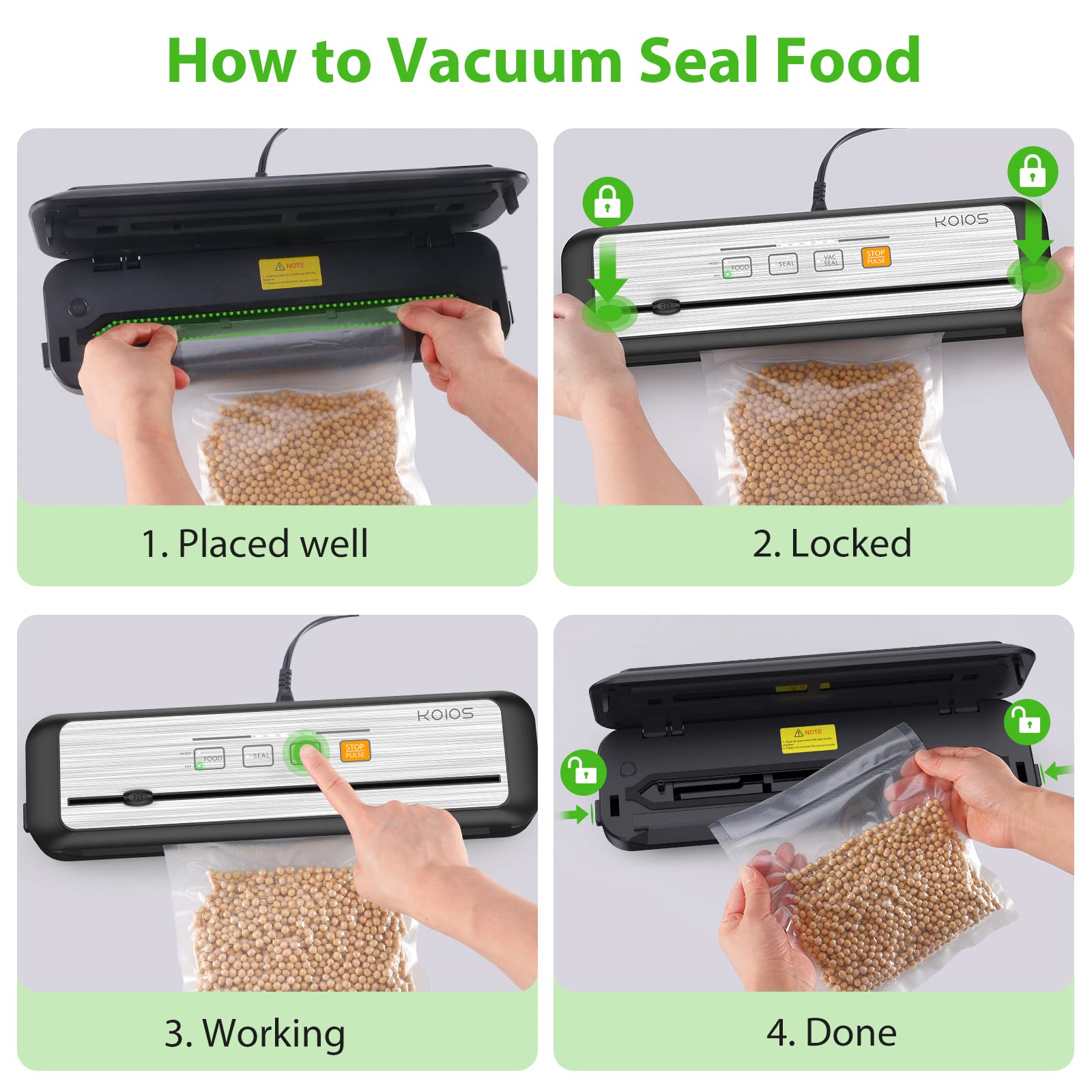 KOIOS 90Kpa Automatic Vacuum Sealer Machine with Cutter - 8-in-1 Food Saver for Dry & Moist Foods | Compact Design, LED Indicator, Pulse Function | Includes 10 Vacuum Bags | Perfect for Meal Prep, Sous Vide & Food Storage (Silver)