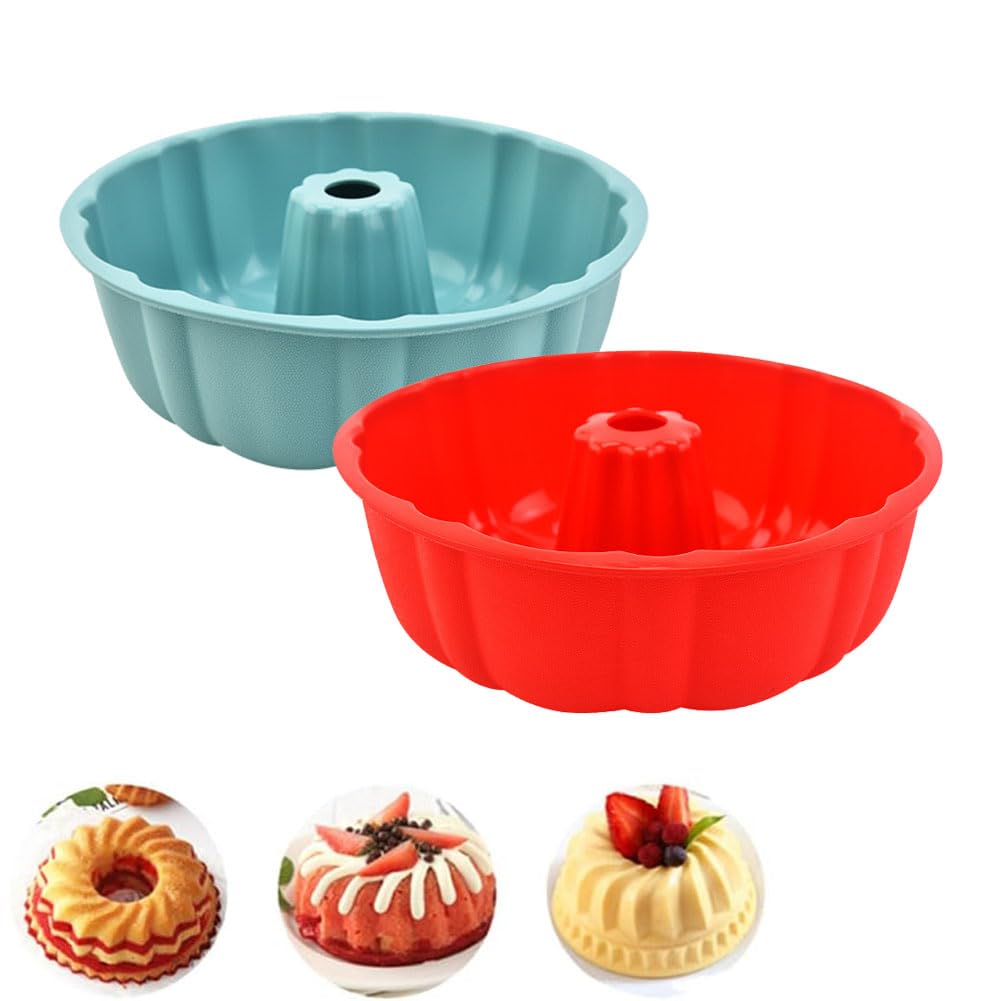 Non-Stick Silicone Bundt Cake Pan Set - 10 Inch Baking Molds for Cakes, Jello, Gelatin (2 Pack, Blue & Red) - Perfect for Birthday Parties, Holiday Desserts & Home Baking