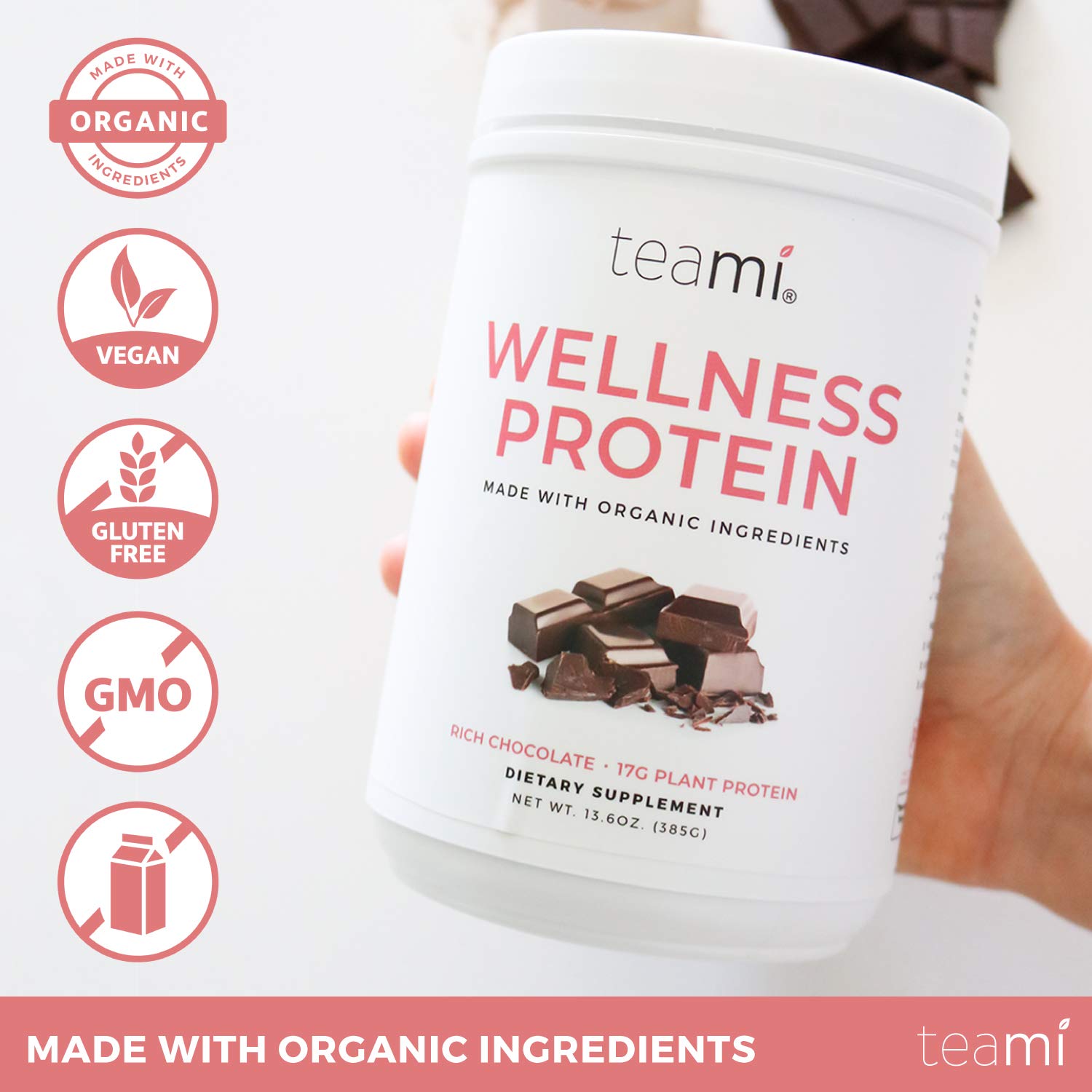 Teami Wellness Vegan Protein Powder - Organic Plant Based Protein, Chocolate Flavor, 13.6oz (14 Servings) | Low Carb, Non-GMO, Dairy & Soy Free, No Sugar Added | Perfect for Smoothies, Baking & Post-Workout Recovery