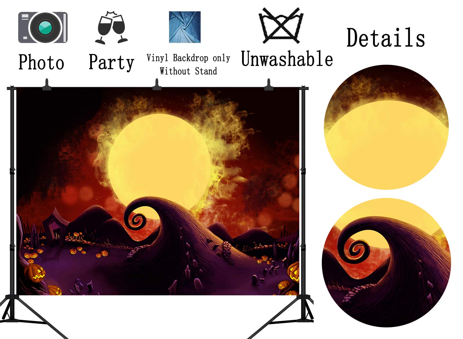 7x5FT Halloween Backdrop - Fantasy Pumpkin Lantern Moon Ghost Bat Design Seamless Vinyl Photography Background for Studio, Party Decor & Spooky Photo Shoots