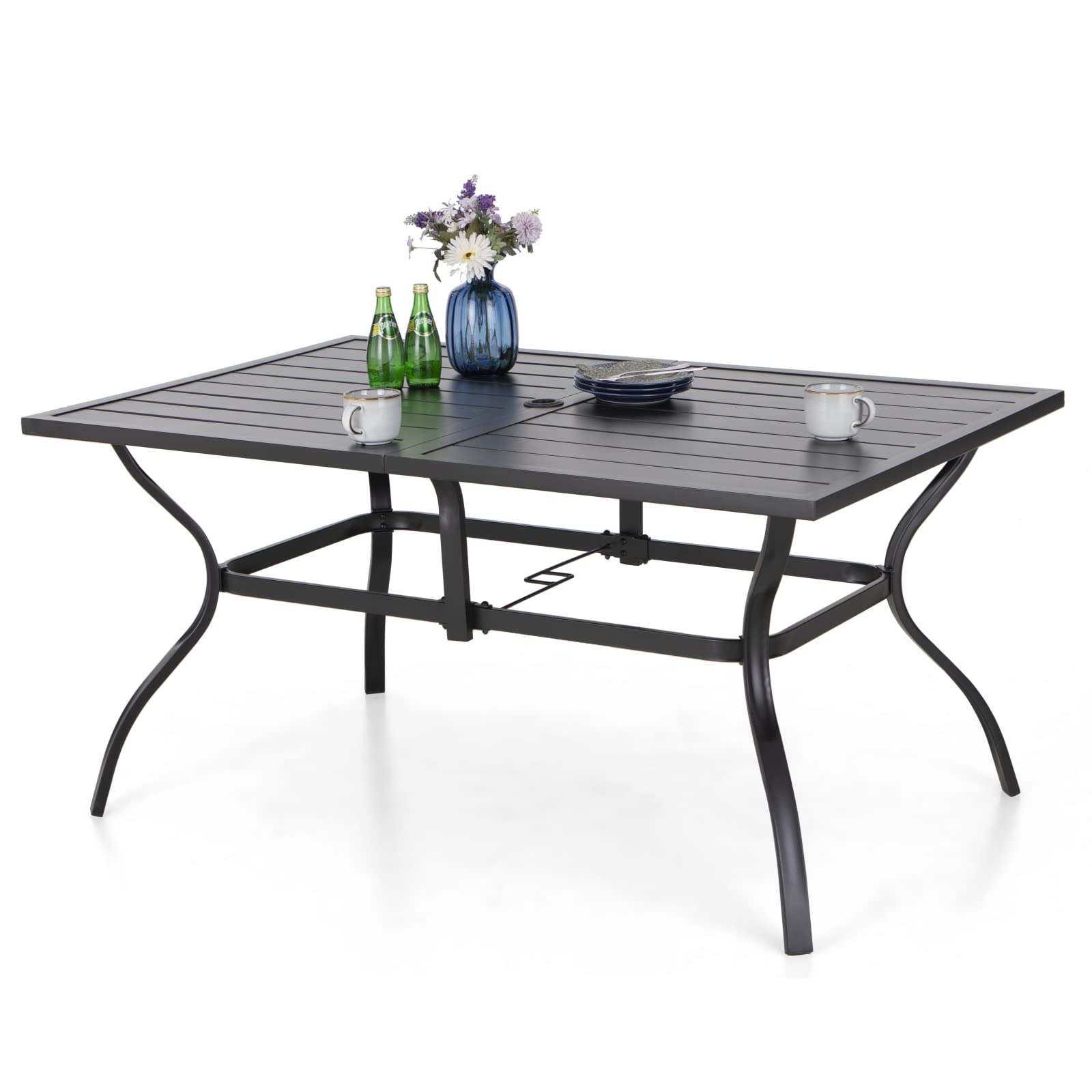 MFSTUDIO 6-Person Outdoor Patio Dining Table with Umbrella Hole - Durable Metal Garden Table for Deck, Backyard, Lawn - Weather-Resistant Black Patio Furniture (Perfect for BBQs, Poolside Dining & Outdoor Entertaining)