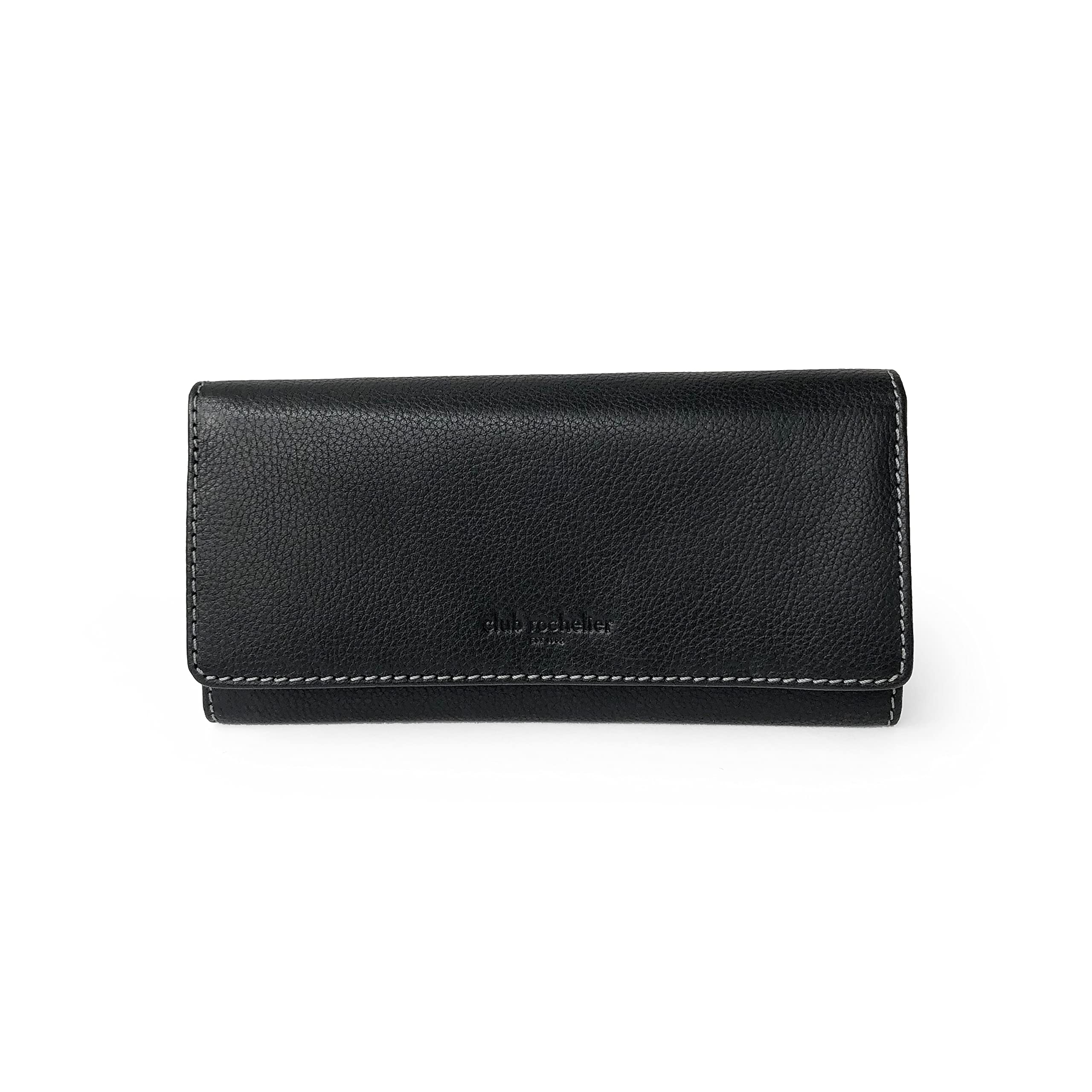 Club Rochelier Genuine Leather Clutch Wallet for Women - Slim RFID Blocking Credit Card Holder with Wristlet Strap, Black (CL11065-3-Blk) | Perfect for Evening Parties, Weddings & Daily Essentials Organization