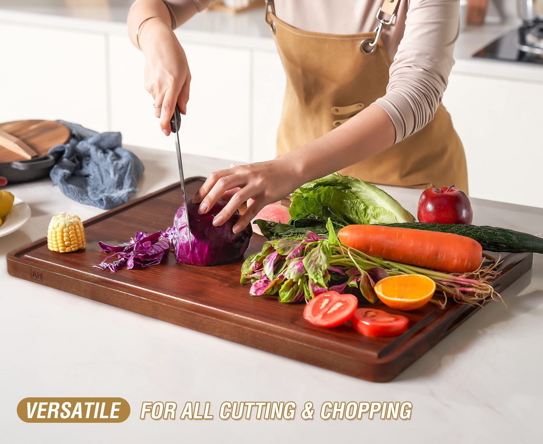 AZRHOM XL Large Walnut Wood Cutting Board 20x15 Inch - Thick Reversible Butcher Block with Juice Groove & Non-Slip Mats, Gift Box Included - Perfect for Kitchen Prep, Meat Cutting, Charcuterie Boards & Holiday Gifting