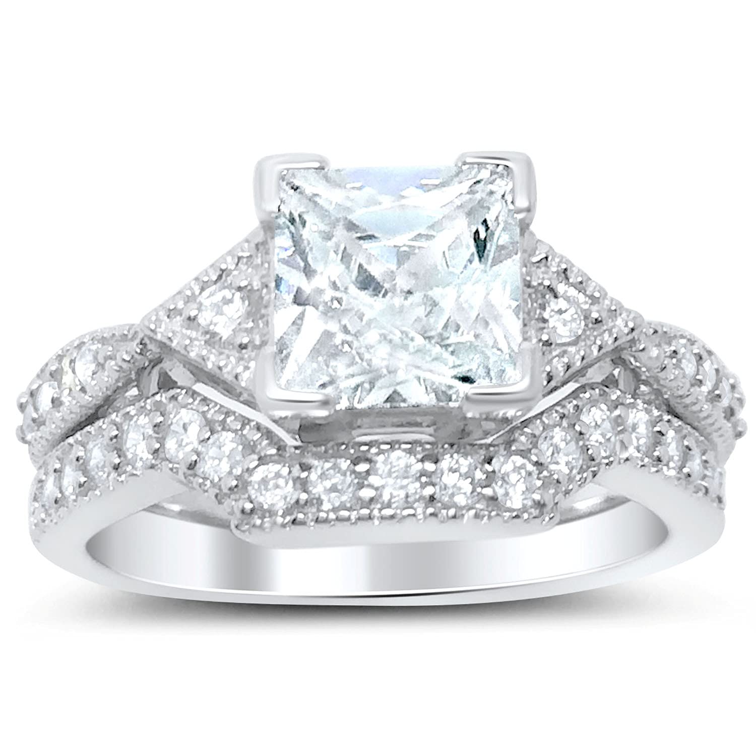 Princess Cut Wedding Ring Set for Couples - His & Her Matching Black Band Engagement Rings - Perfect for Anniversaries, Proposals & Romantic Occasions