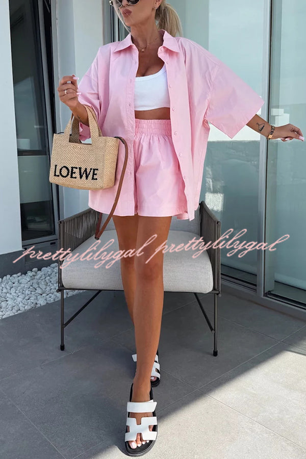 Women's Summer Casual Loose Short Sleeve Shirt & Elastic High Waist Shorts Set - Comfortable Outfit for Beach Vacation, Streetwear and Daily Wear