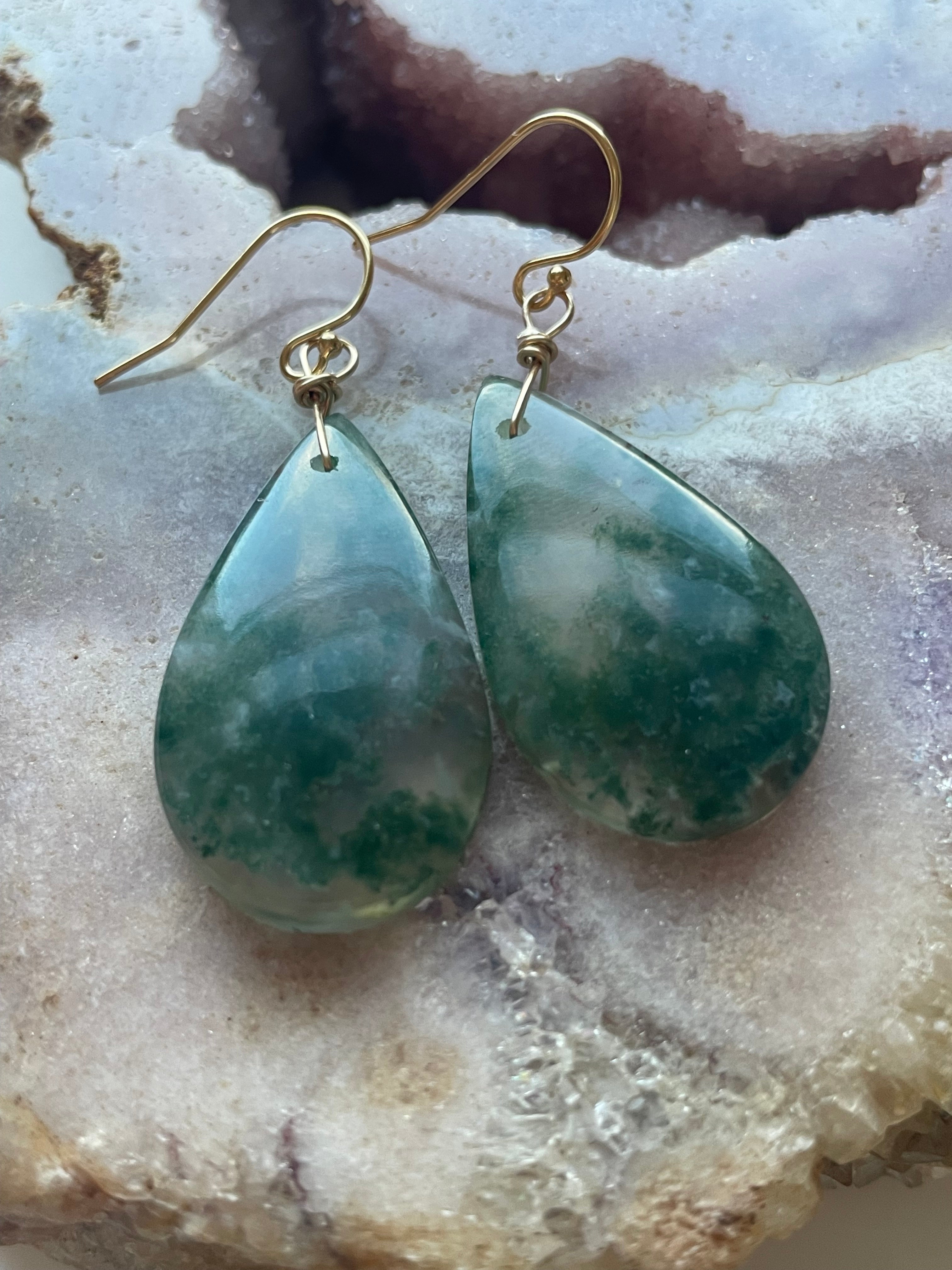 Large Moss Agate Statement Earrings - 14K Gold Filled Dangle Earrings for Women | Boho Chic Jewelry for Parties, Weddings & Special Occasions