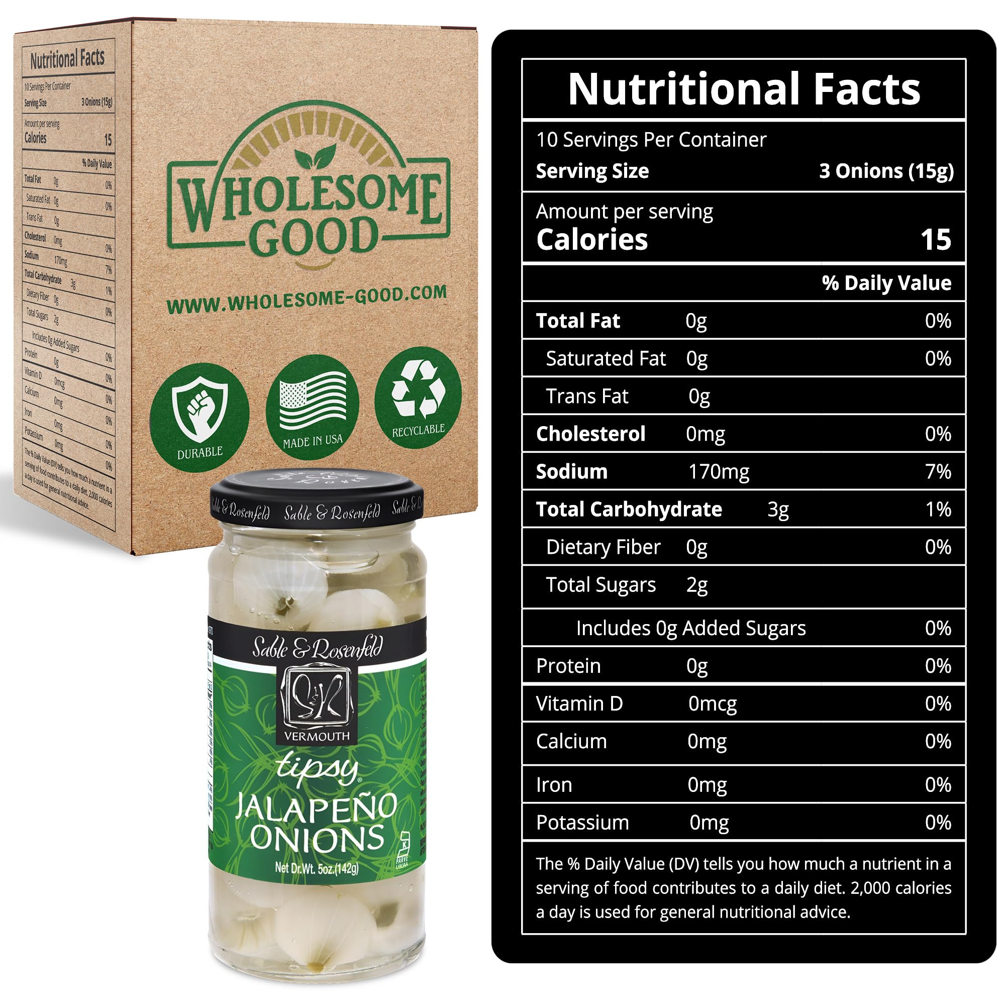 Tipsy Stuffed Jalapeno Cocktail Onions in Jar with French Vermouth - Gourmet Pickled Silverskin Onions for Martinis, Bloody Marys & Charcuterie Boards - Perfect for Cocktail Parties & Upscale Appetizers - Sable & Rosenfeld - 5 oz (Pack of 1)