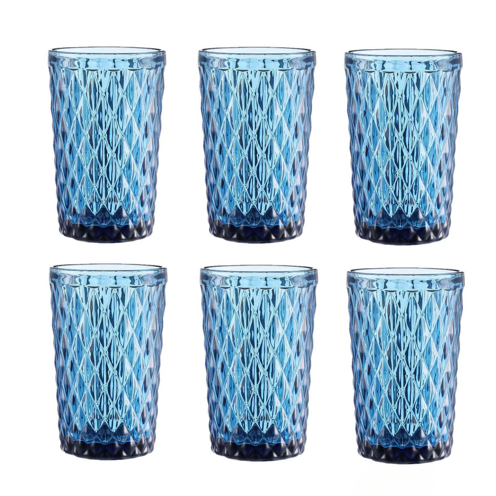 Bandesun 12 oz Blue Drinking Glass Set of 6 - Diamond Cut Tumbler Glasses for Water, Cocktail, Milk, Juice & Beverages | Durable Kitchen Glassware for Home, Bar, Restaurant & Party Use