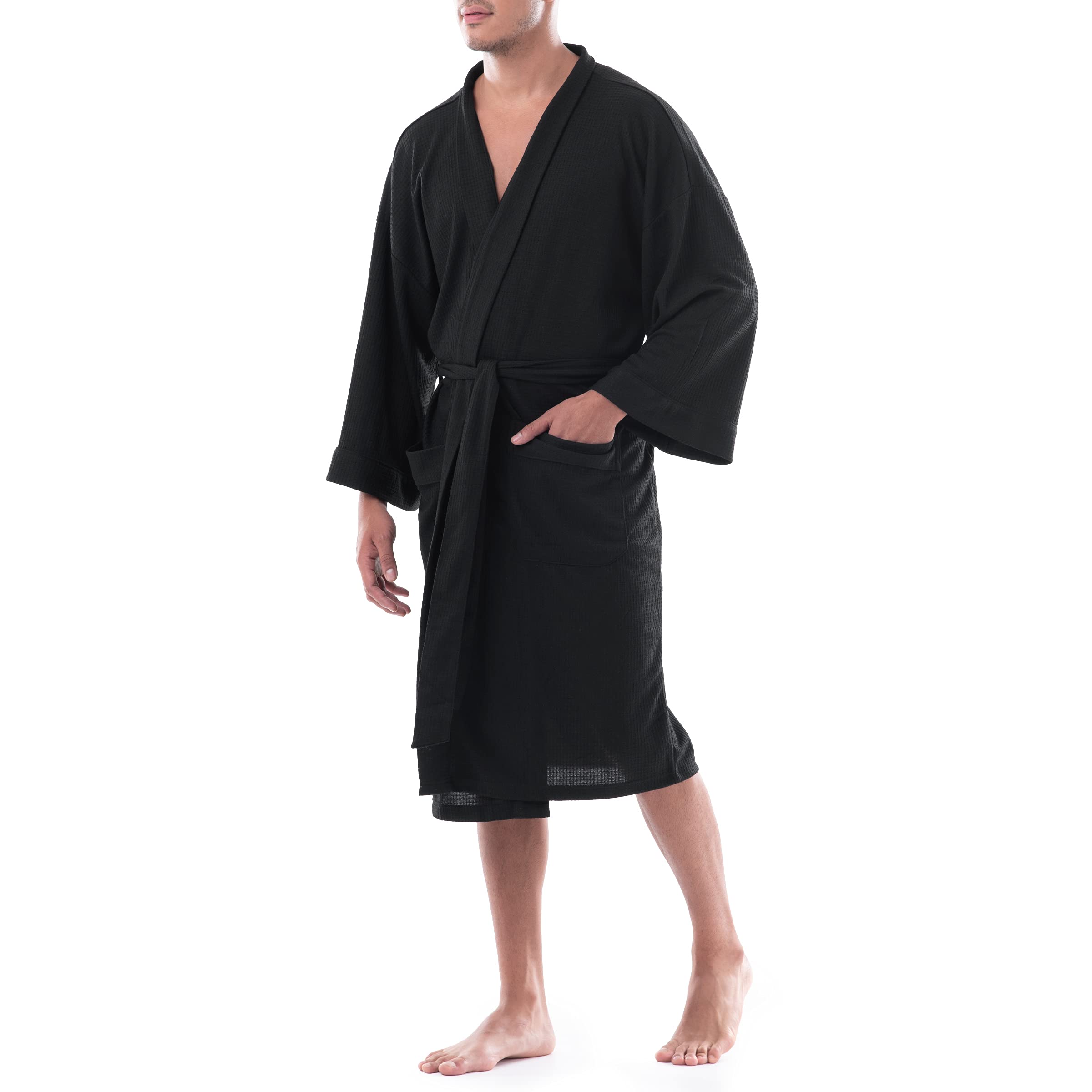 Fruit of the Loom Men's Waffle Kimono Robe - Soft Cotton Bathrobe for Relaxation at Home, Spa & Lounging
