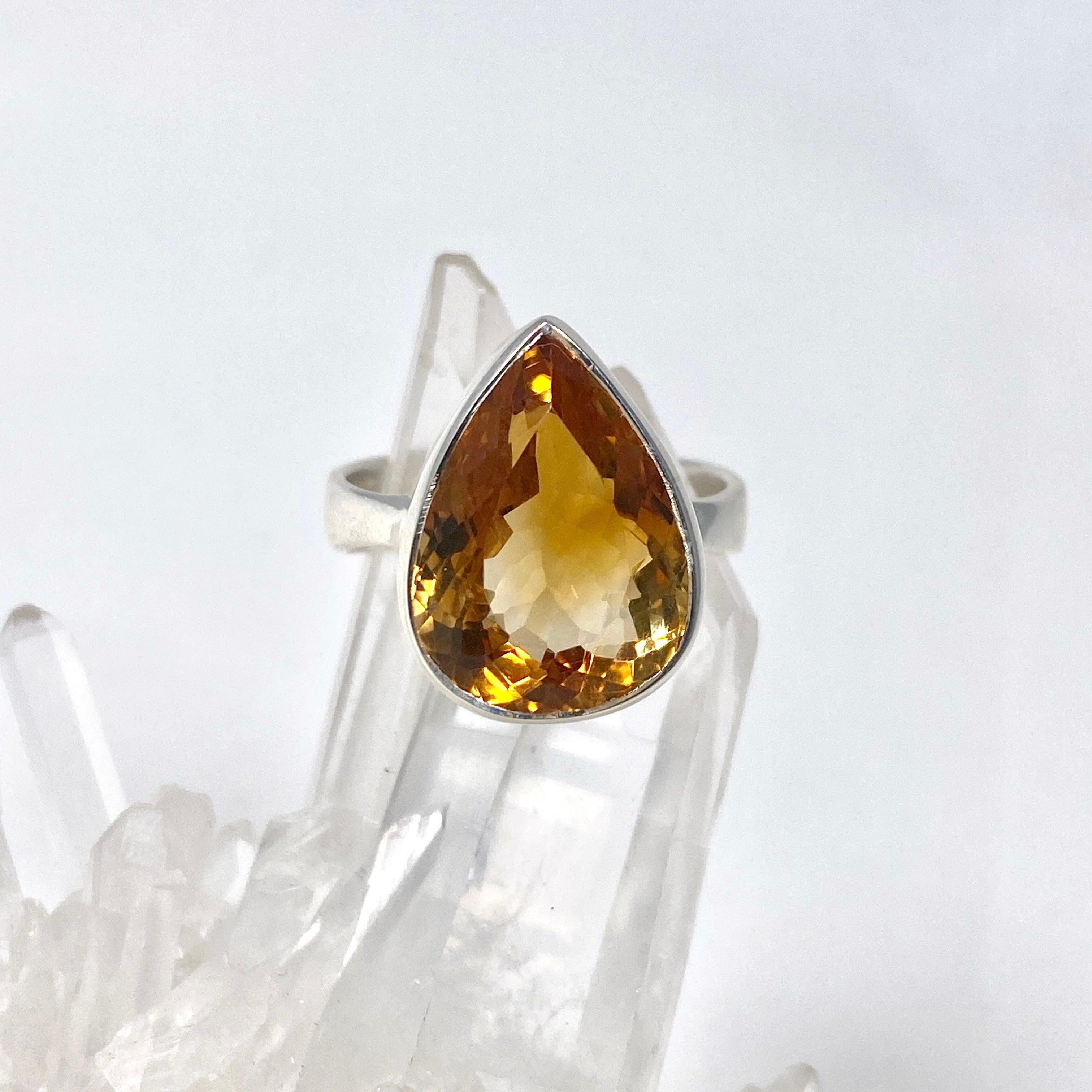 Natural Citrine Faceted Teardrop Ring - Size 10 - KRGJ2838 - Elegant Jewelry for Women, Perfect for Weddings, Parties & Everyday Wear