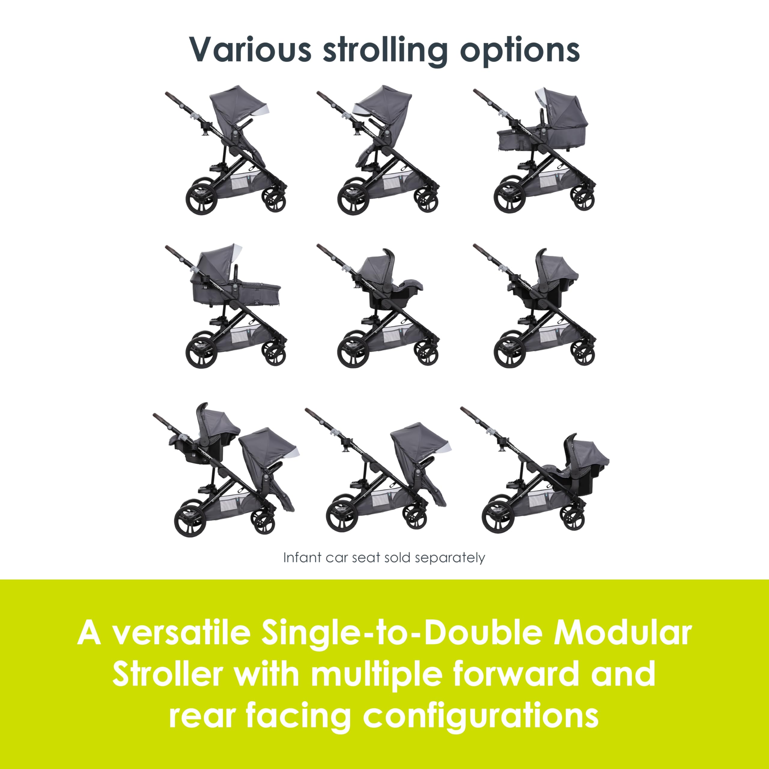 Baby Trend Morph Single to Double Modular Stroller - Convertible Lightweight Stroller for Twins or Infant, Dash Grey | Perfect for Travel, Shopping & Daily Walks