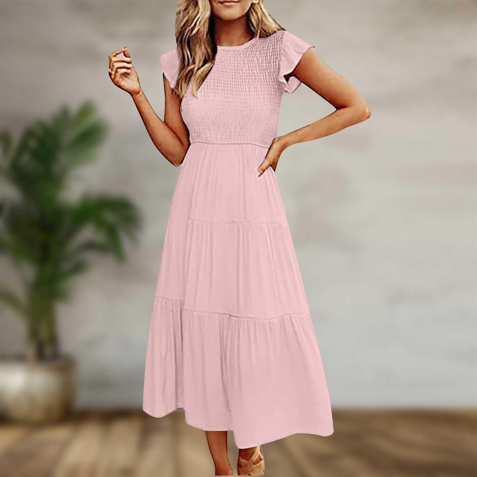 2024 Summer Dresses for Women - Casual Short Sleeve Smocked Elastic Waist Tiered Midi Dress for Work & Vacation | Beach, Office & Date Night Outfits