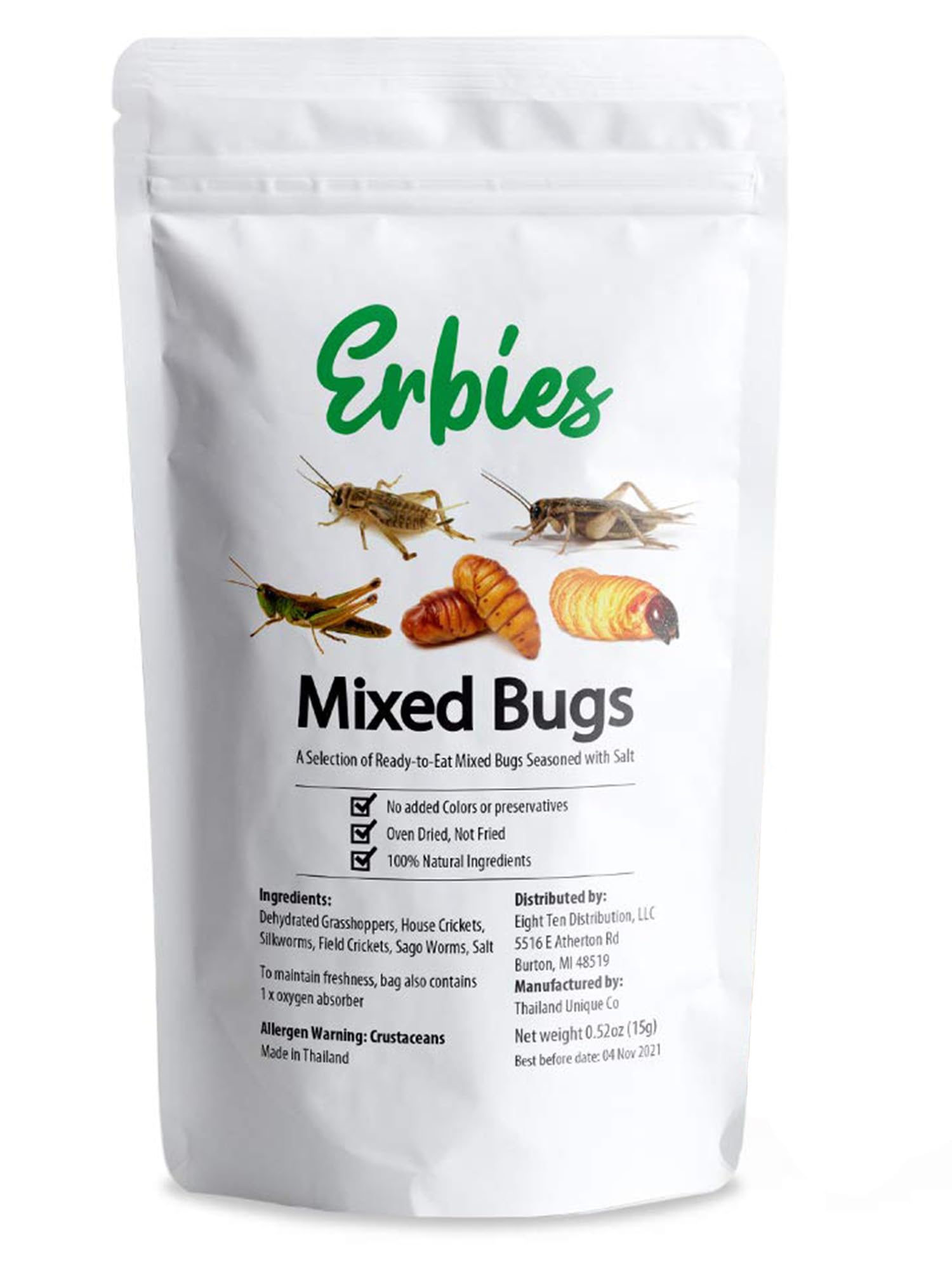 Erbies Edible Bug Trail Mix - 15g Bag of Crunchy Crickets, Grasshoppers, Silkworm Pupae & Sago Worms | High Protein Snack | Unique Gift Idea for Adventurous Eaters | Perfect for Camping, Hiking & Party Snacks