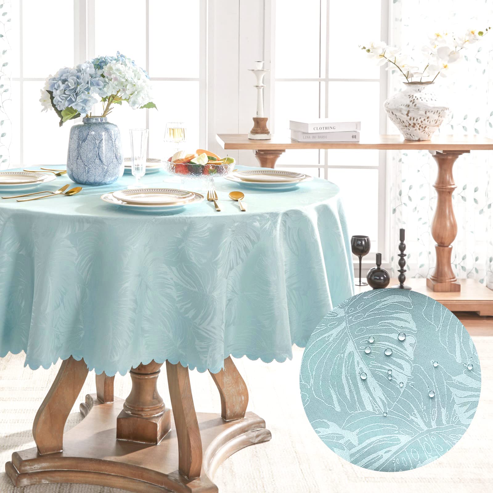 Blue Round Tablecloth with Leaves Pattern - 50 Inch Scalloped Edge Silky Soft Waterproof Washable Fabric Table Cover for 20-38 Inch Dining Tables - Perfect for Kitchen, Party, Banquet & Holiday Decorations