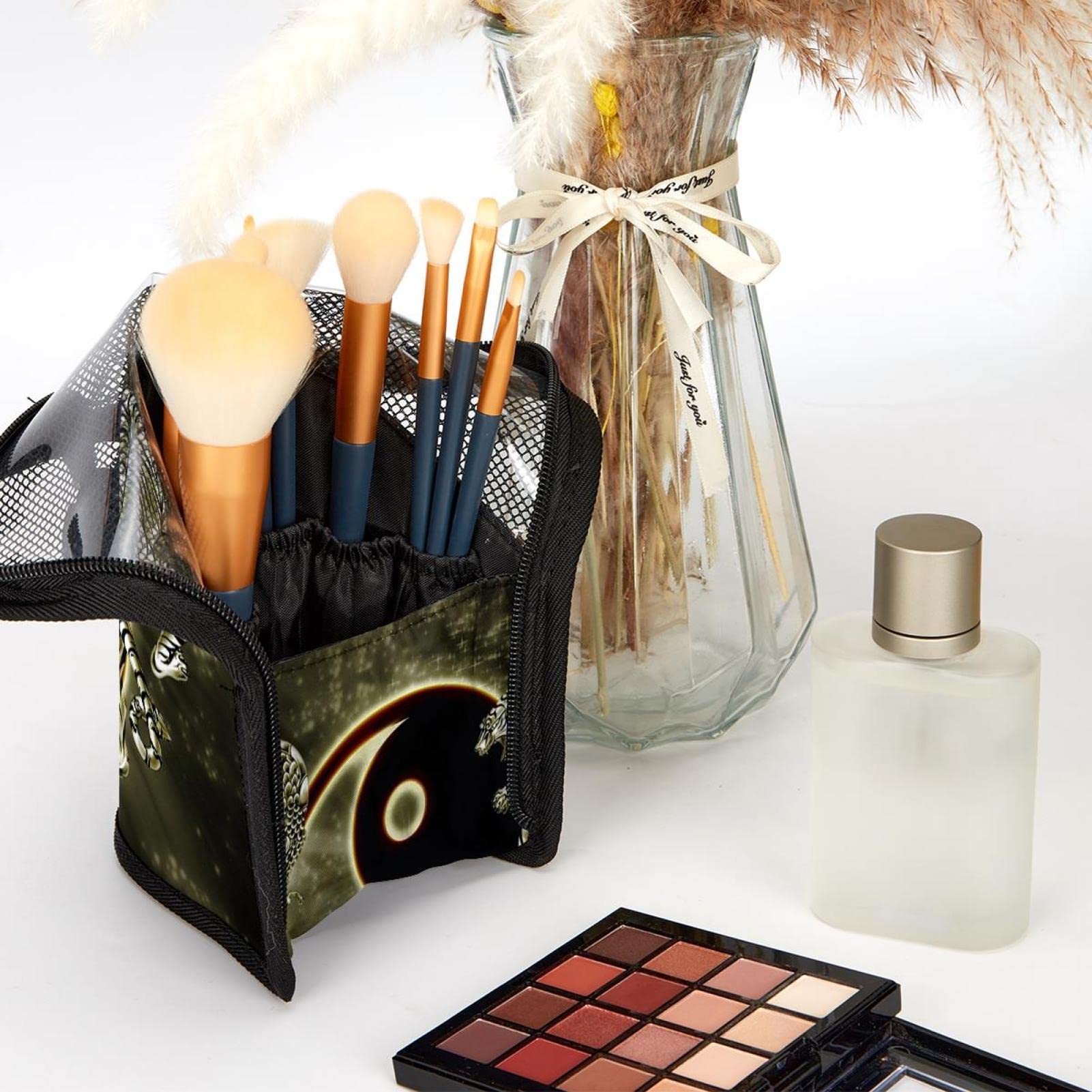12-Piece Makeup Brush Organizer Bag with Dragon Tiger Tai Chi Design - Portable Makeup Brush Holder Case for Travel & Home Storage
