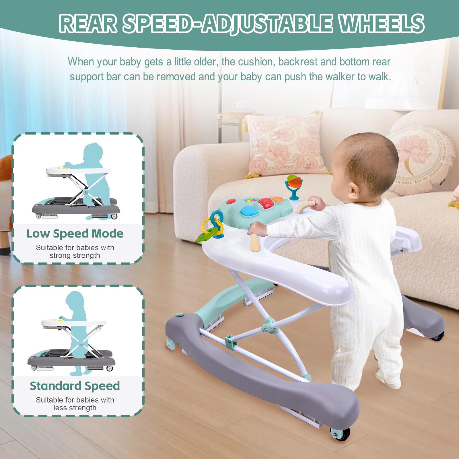 5-in-1 Foldable Baby Walker & Activity Center - Convertible Bouncer, Rocker, Push Walker with Detachable Trampoline Mat | Adjustable Speed Wheels & Height for Babies 6-18 Months (Mint Green) | Perfect for Playtime, Learning to Walk & Indoor Activities