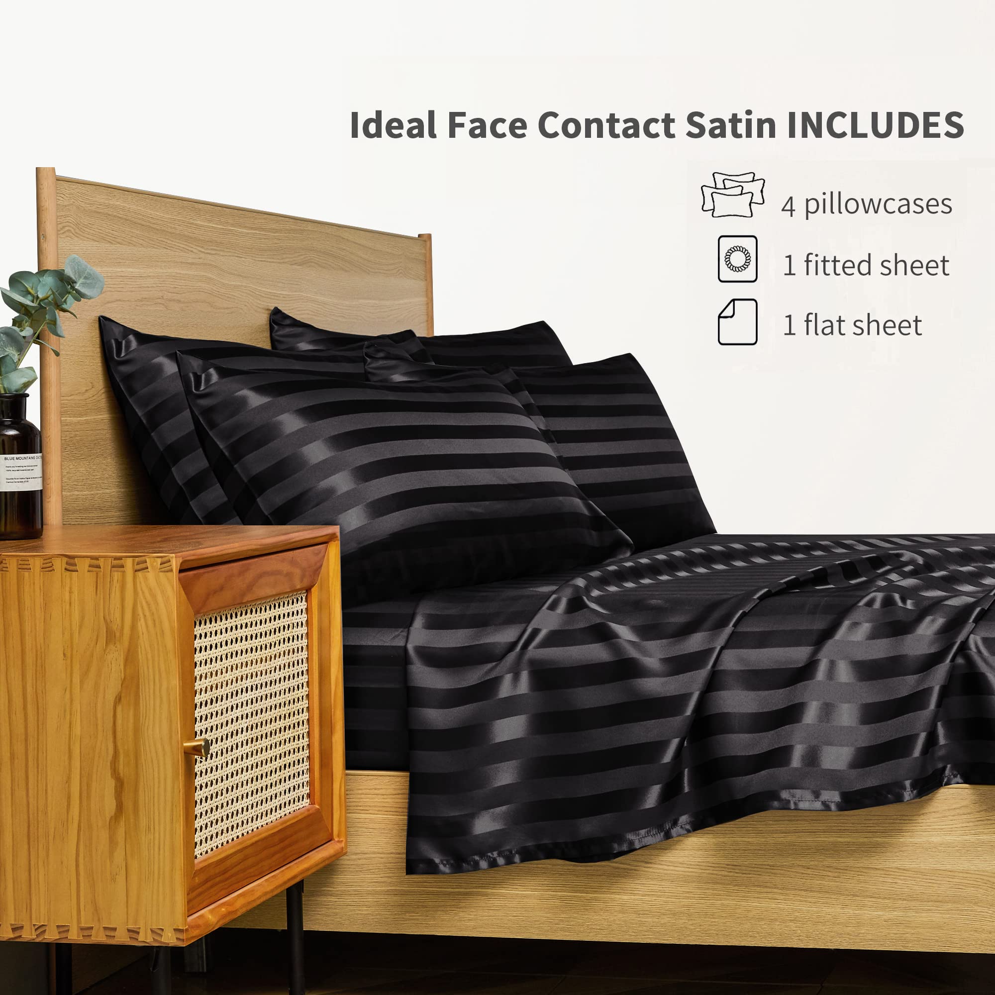 Candoury 6-Piece Queen Size Satin Bedding Set - Soft Silky Pillowcases, Flat & Fitted Sheets - Hypoallergenic Stain Resistant Black Striped Bed Sheets for Luxurious Sleep & Hotel-Style Comfort