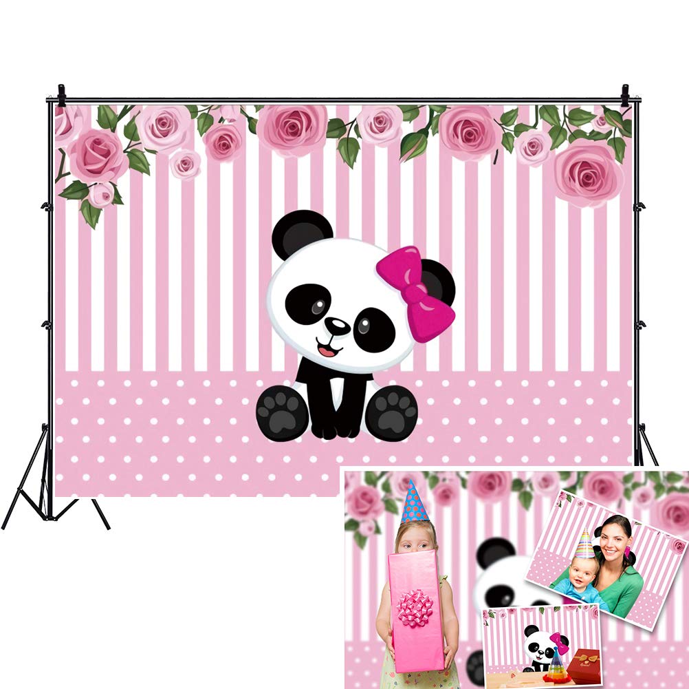 7x5ft Pink and White Striped Panda Backdrop with Flowers - Premium Polyester Photography Background for Baby Girl Shower, 1st Birthday Party, Cake Smash, YouTube Videos & Photo Props | Panda Princess Theme Decor