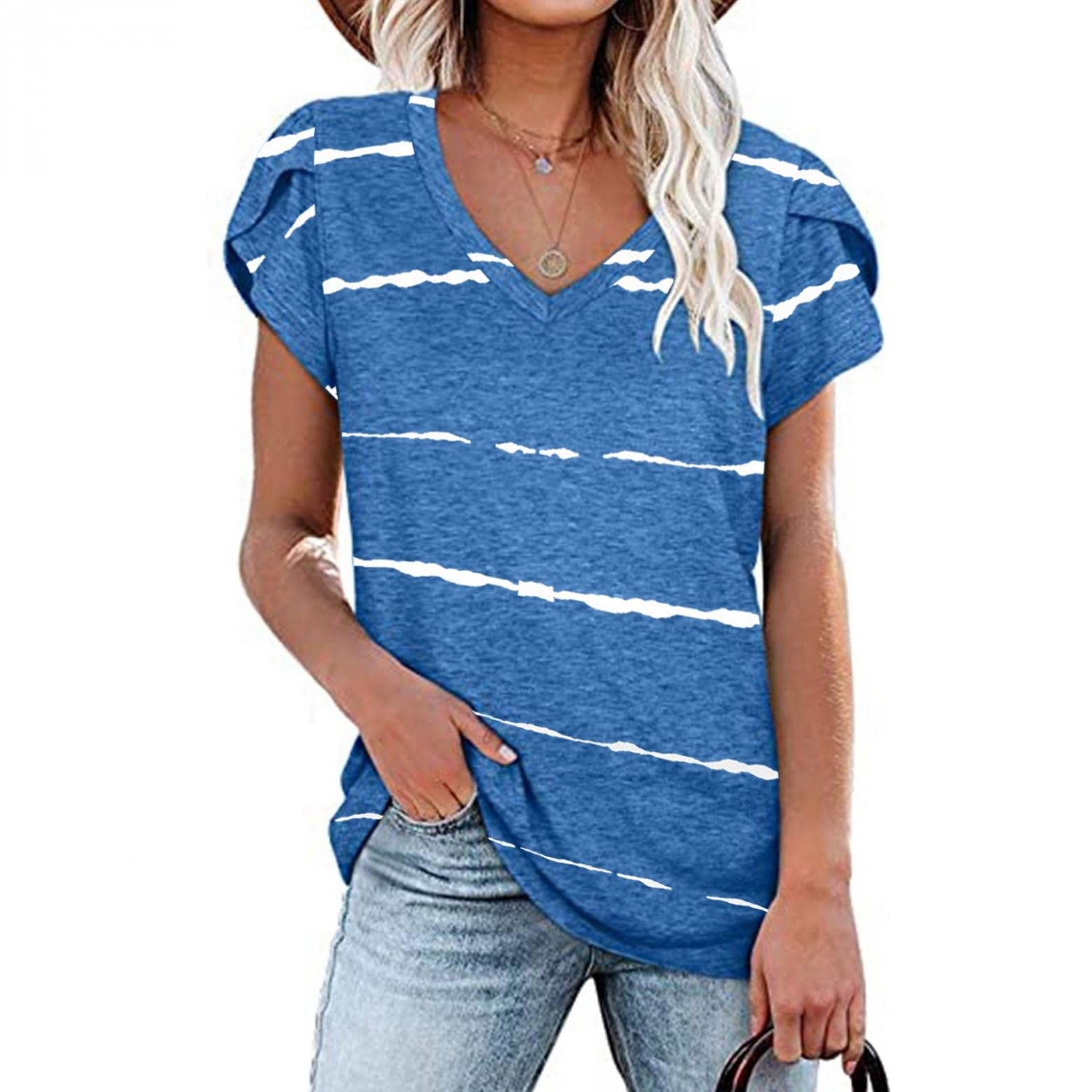 Women's Casual Summer V-Neck Striped T-Shirts - Loose Puff Short Sleeve Tunic Blouse Top | Perfect for Beach Outings, Weekend Brunch & Summer Vacations