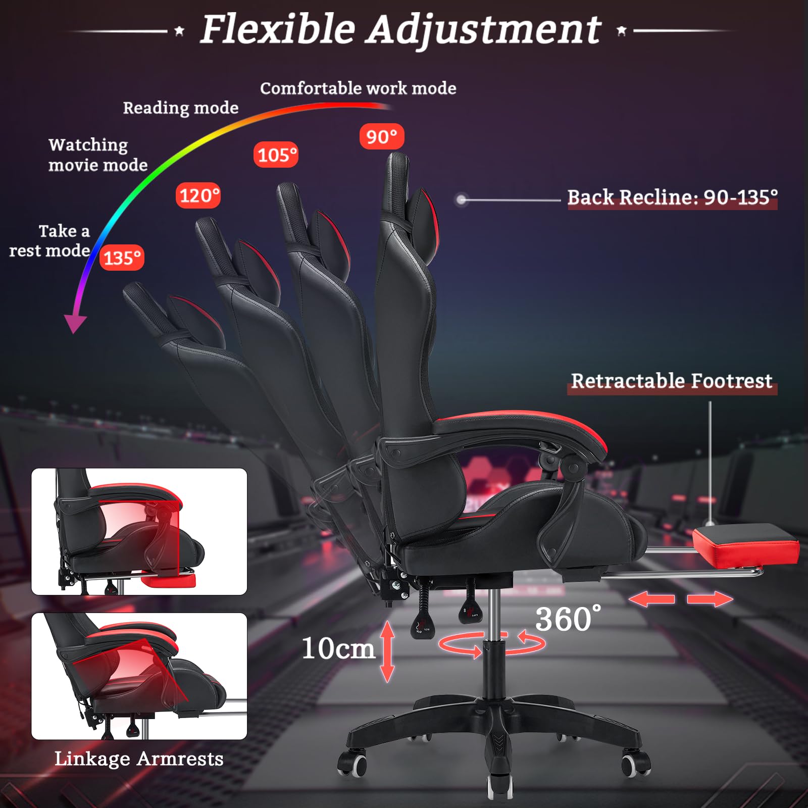 Ergonomic Gaming Chair with Massage, RGB LED Lights & Adjustable Footrest - High Back Computer Chair with Lumbar Support (Red/Black) for Esports, Streaming & Office Work