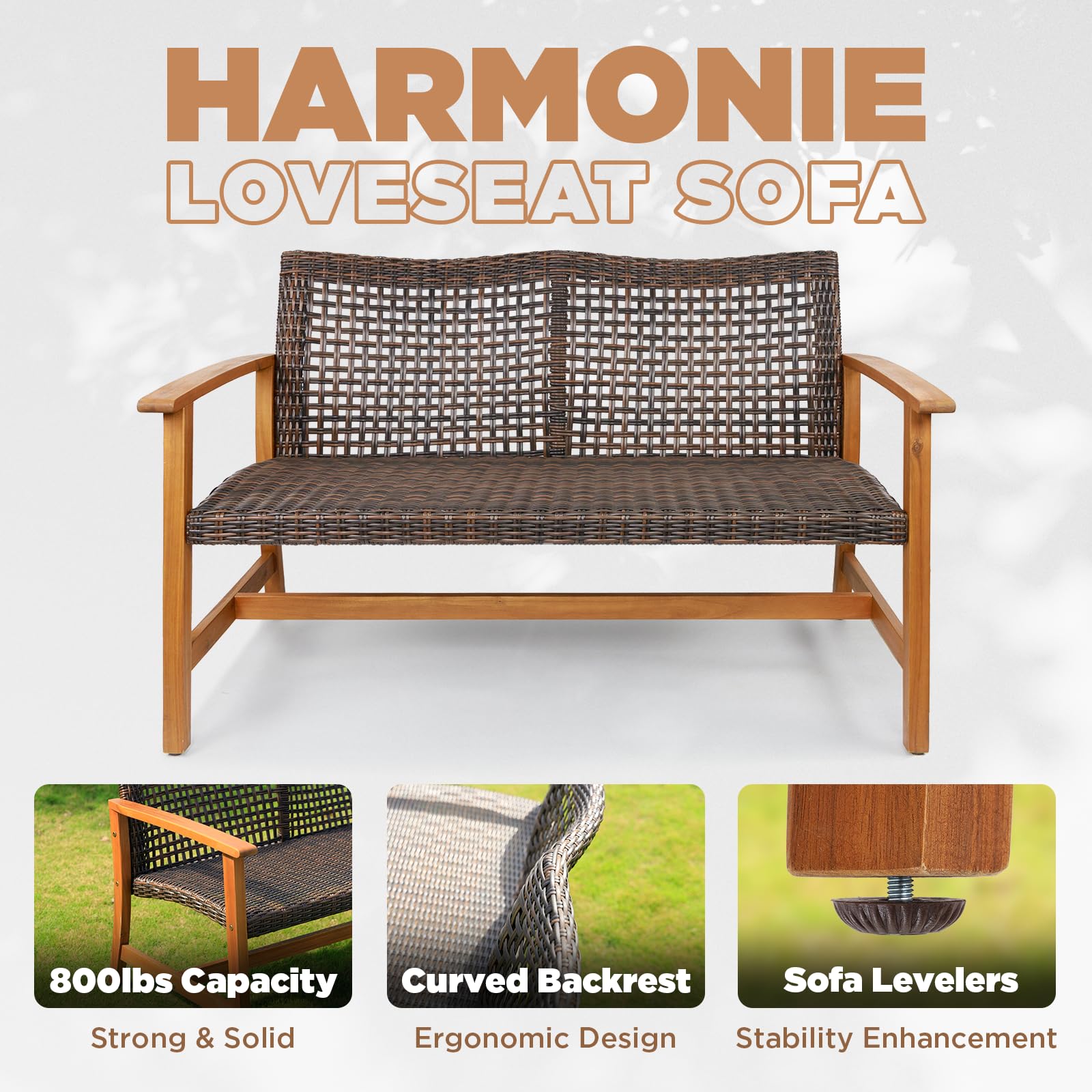 IDZO Harmonie 800lbs Capacity Outdoor Loveseat - FSC Certified Acacia Patio Sofa with 2000 Hours UV-Resistant Wicker & Teak Finish - Perfect for Porch, Deck, Garden and Backyard Relaxation