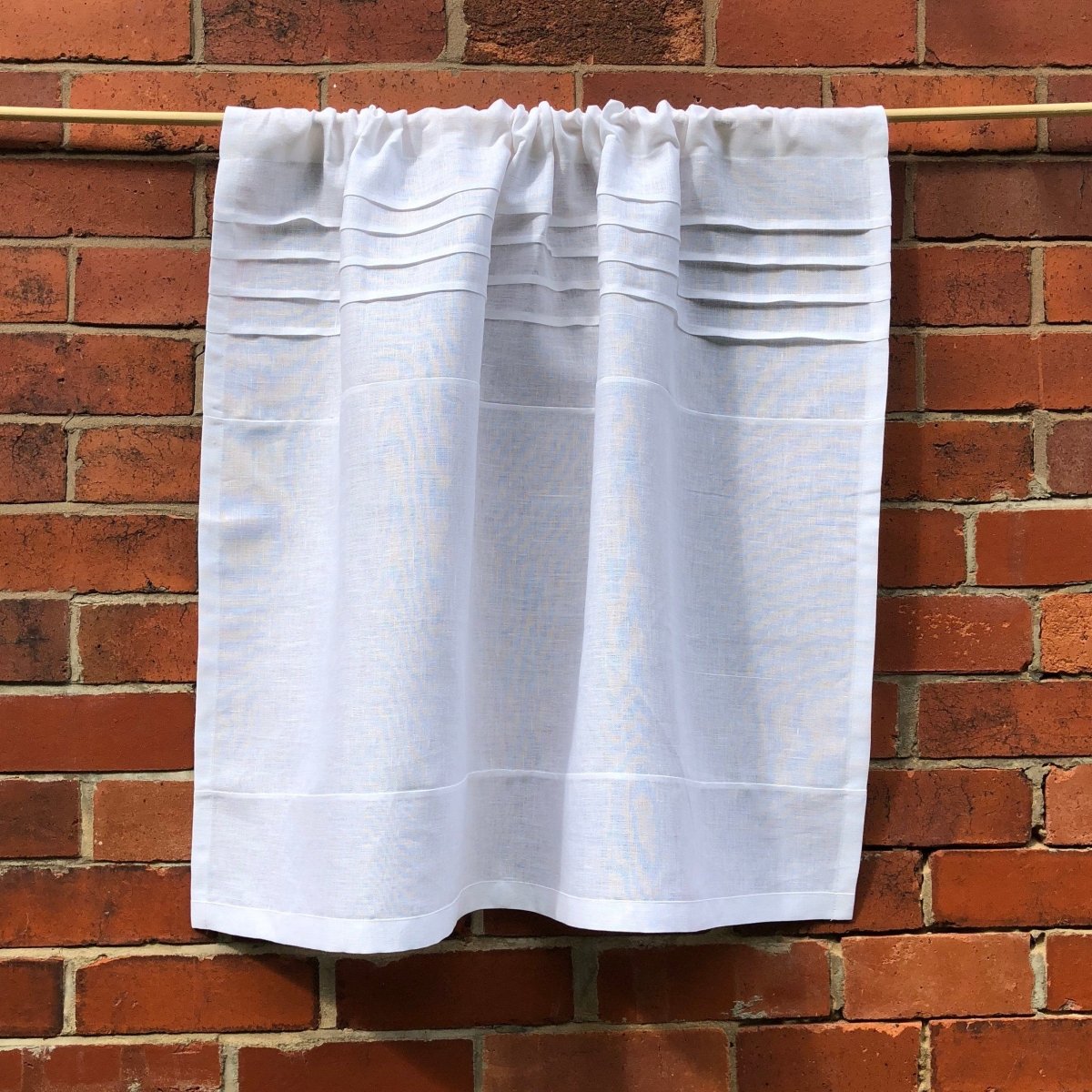 Appleton White Linen Cafe Curtain with Embroidered Monogram - Elegant Kitchen Window Treatment for Farmhouse & Cottage Style Homes