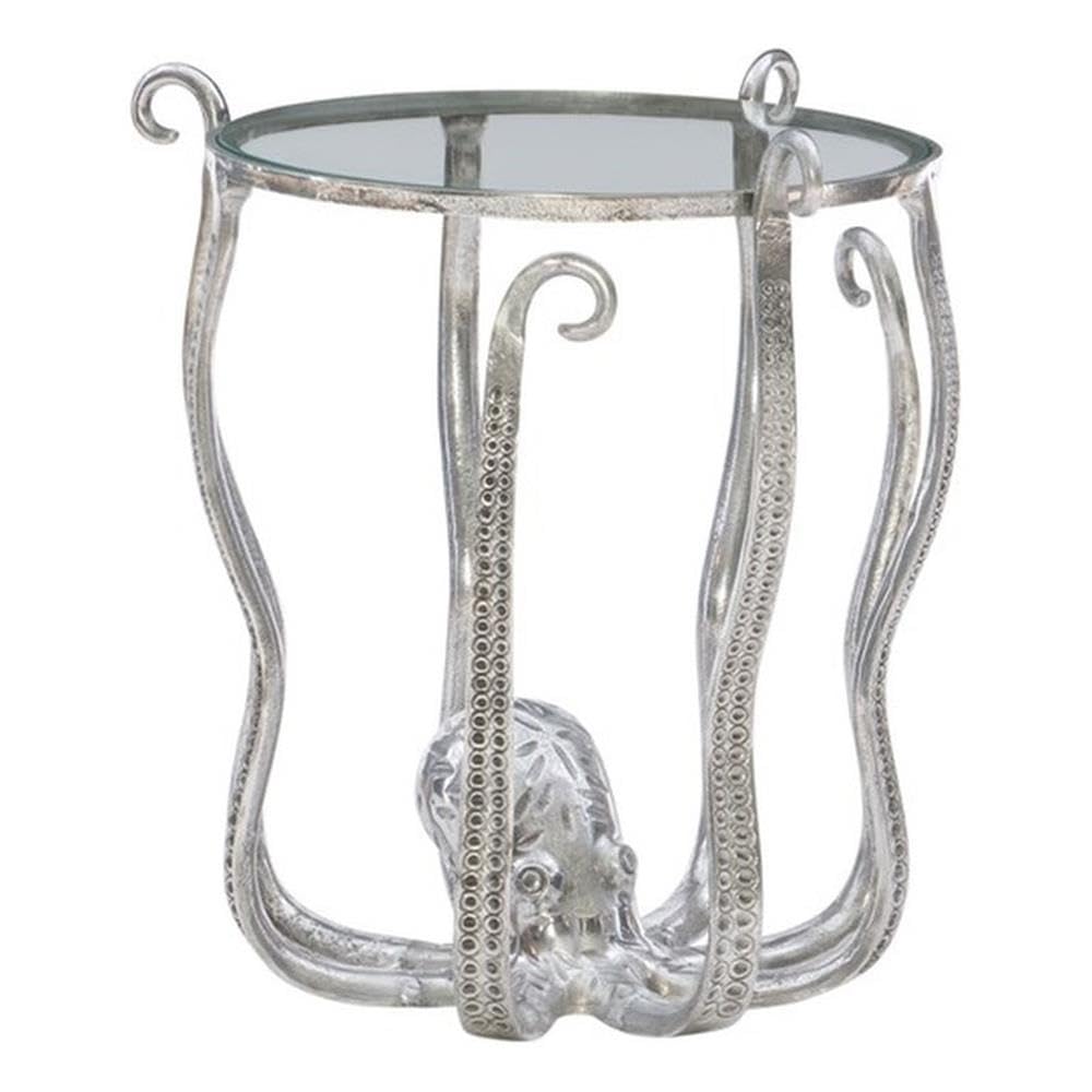 Linon Olivia Octopus Silver Aluminum and Glass Side Table - Perfect for Living Room, Bedroom, or Office Decor