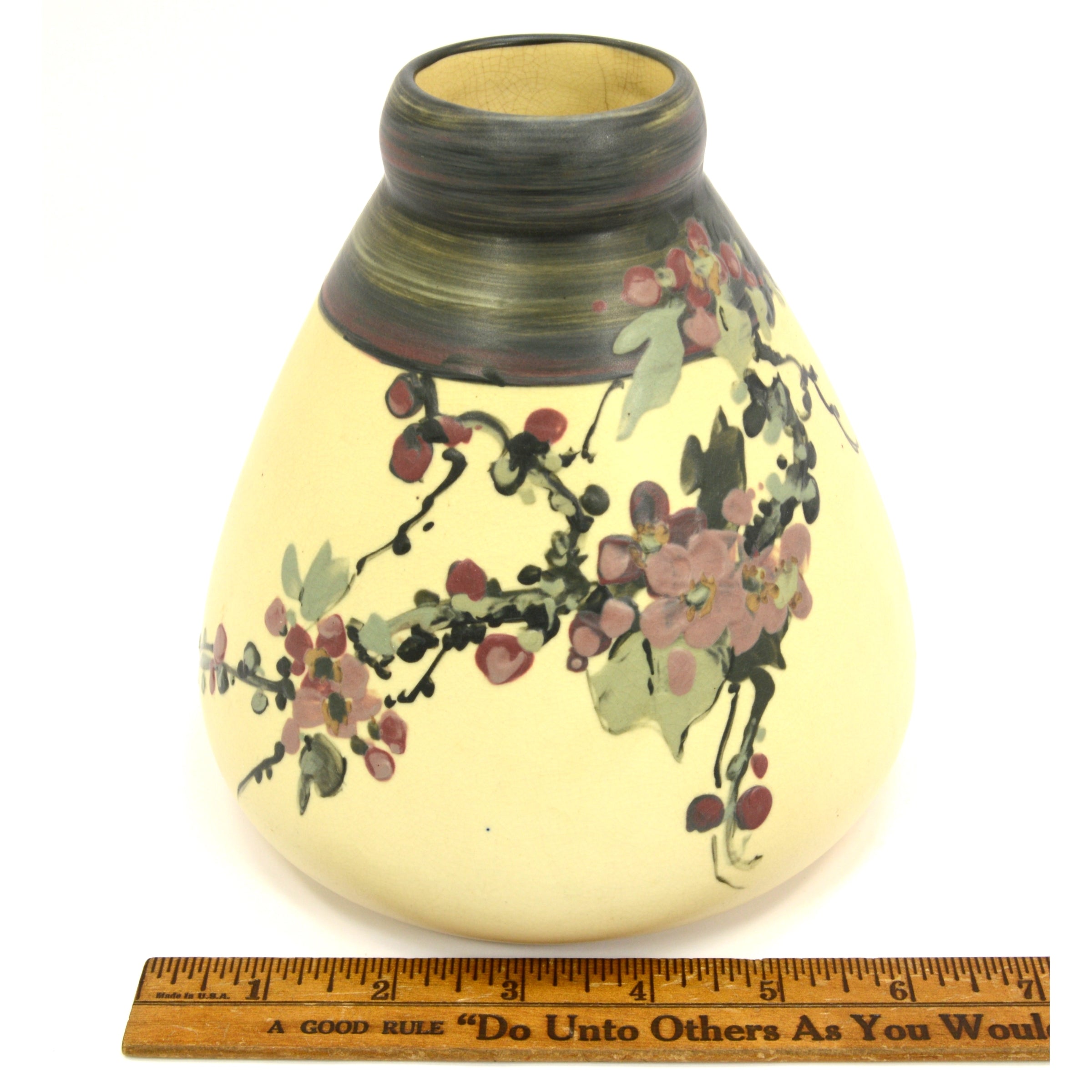 Antique Weller White & Decorated Hudson Vase 6.5 Inch Squat Cherry Blossoms - Rare Collectible Home Decor for Living Room, Office & Gift Giving