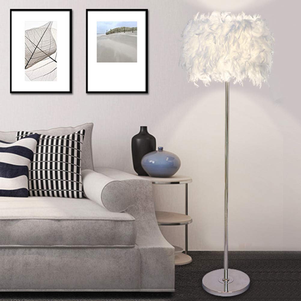 LAKIQ Modern Standing Floor Lamp with Feather Drum Shade - Plug-in Adjustable Floor Lighting for Living Room, Bedroom & Reading - Elegant White Home Decor (Perfect for Cozy Nights, Study Sessions & Interior Design)