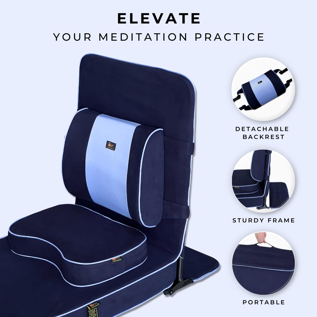 Extra Large Meditation Chair with Back Support Cushion & Yoga Block - Premium Portable Floor Chair for Adults (24x22 in, Navy Blue) | Perfect for Yoga, Meditation, Relaxation & Home Office Seating
