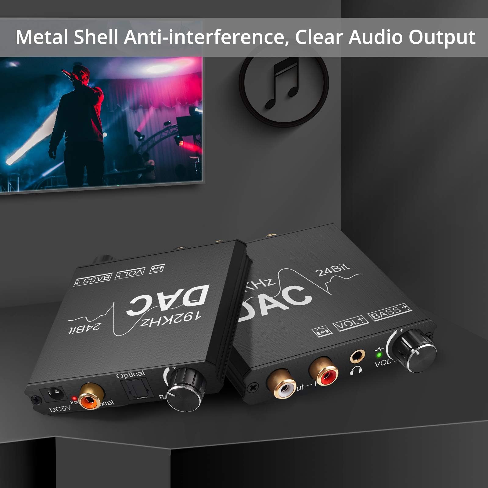 CAMWAY 192kHz Digital to Analog Audio Converter with Bass Adjustment - DAC Converter with Volume Control, Toslink/Coaxial/Optical to RCA & 3.5mm Headphone Jack - Anti-Interference Audio Adapter for Home Theater, Gaming, Hi-Fi Systems & Studio Monitors