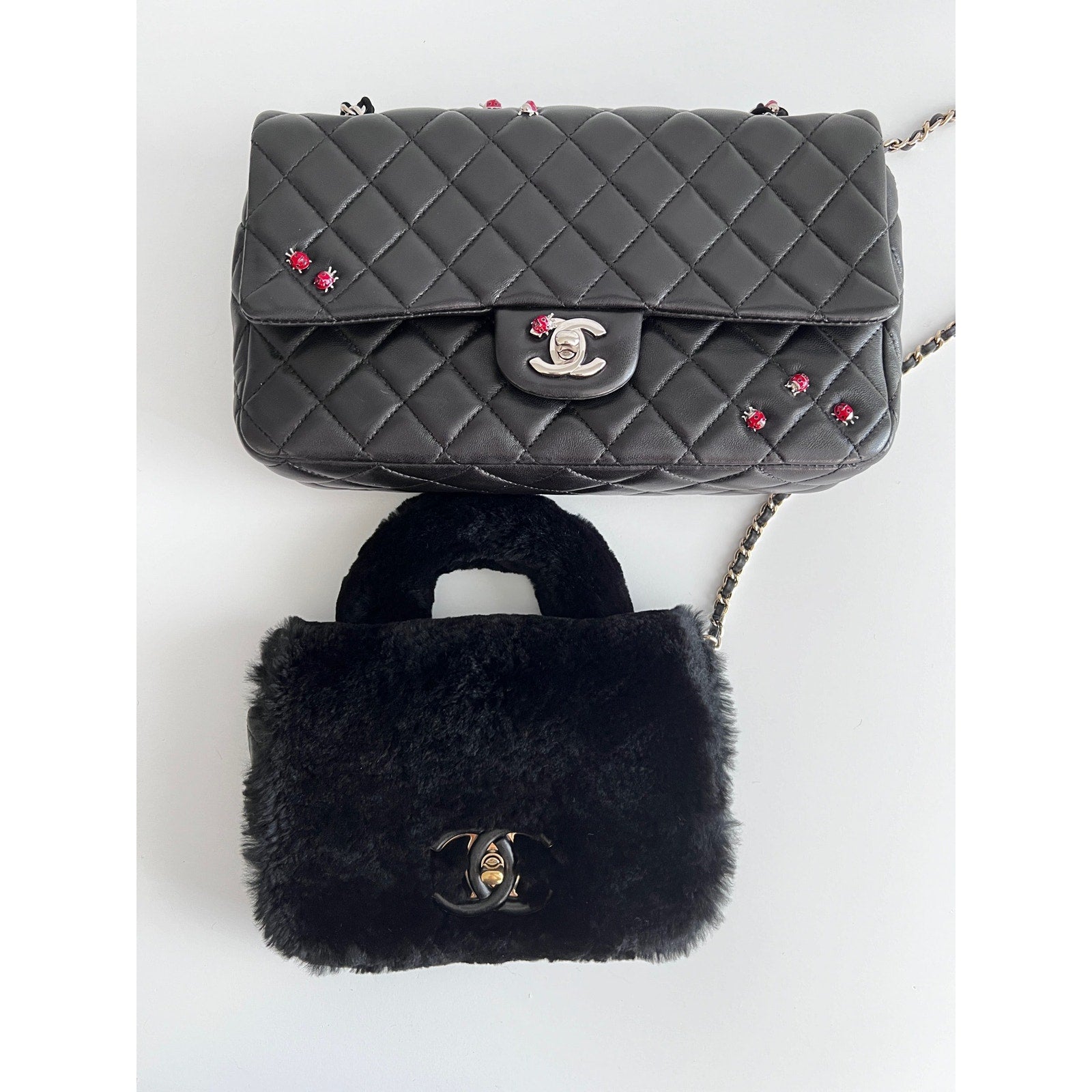 Authentic CHANEL Black Calfskin Leather Shearling Flap Bag 2017 - Luxury Designer Handbag for Women, Perfect for Evening Parties & Winter Fashion Accessories