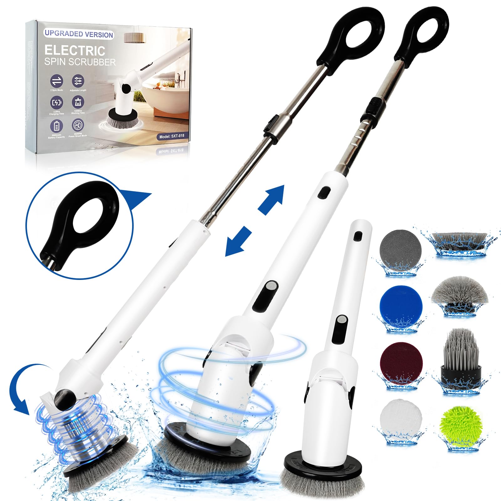 2024 Electric Spin Scrubber with 8 Replacement Heads - Cordless Bathroom Cleaning Tool with Long Handle & Remote Control - Perfect for Shower, Tub, Tile, and Hard-to-Reach Areas Cleaning