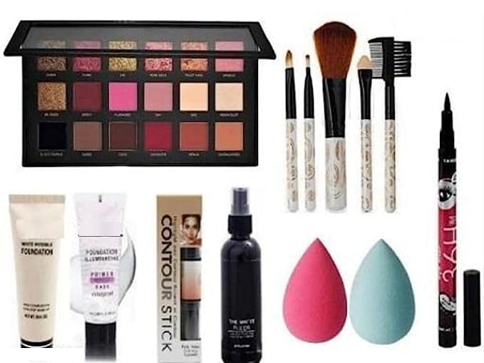 SSP Enterprises Rose Gold Eyeshadow Brush Set - Multicolor Foundation, Contour Stick, Primer, Makeup Fixer with 2 Pink Blenders & Waterproof Kajal | Professional Makeup Kit for Daily Use, Bridal & Party Looks