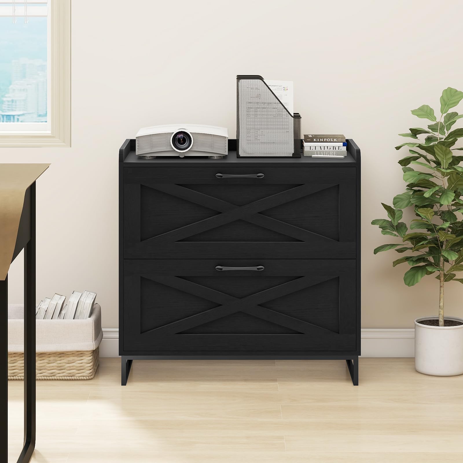 2-Drawer Lateral File Cabinet with Built-in Charging Station - Letter/Legal/A4 Size Hanging File Storage - Wooden Office Cabinet with Printer Stand for Home & Workspace - Black - Perfect for Organizing Documents & Charging Devices in Modern Offices