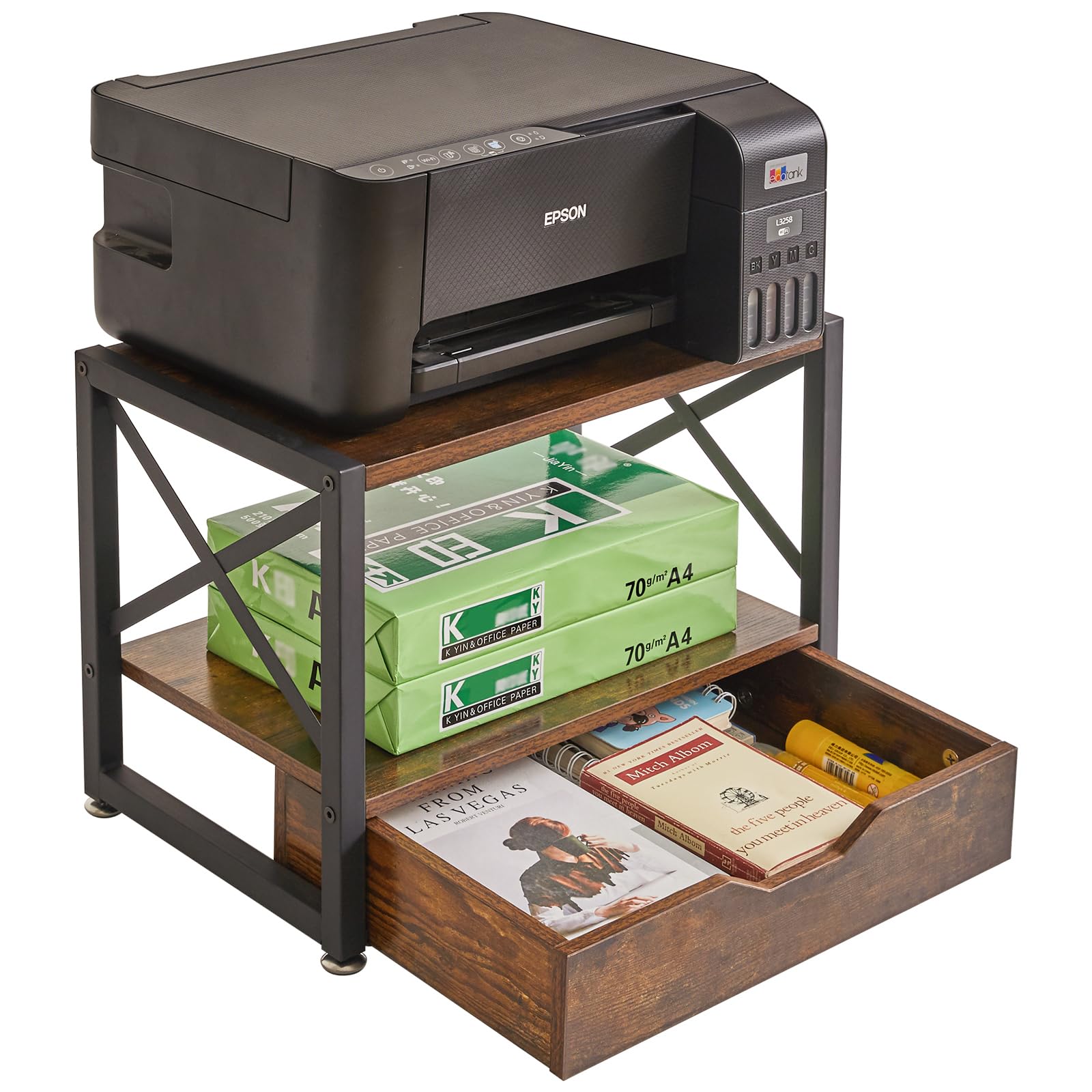IBUYKE 2-Tier Wooden Desktop Printer Stand with Storage Drawer - Multi-Purpose Desk Organizer for Fax Machine, Scanner, Books & Folders - Rustic Brown Home Office Furniture for Workspace Organization (UTLJ006H)