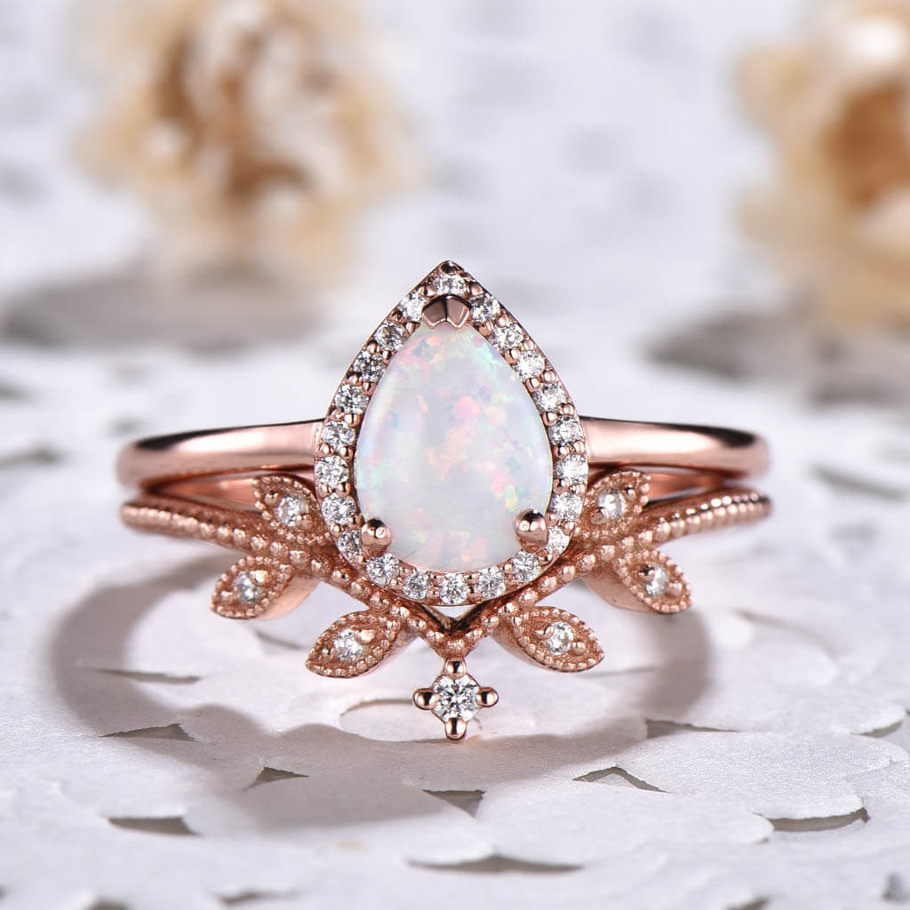 Vintage 14K/18K Gold Pear Opal Rose Gold Wedding Ring Set with Halo Leaf Band - Elegant Bridal Jewelry for Engagement, Anniversary & Special Occasions