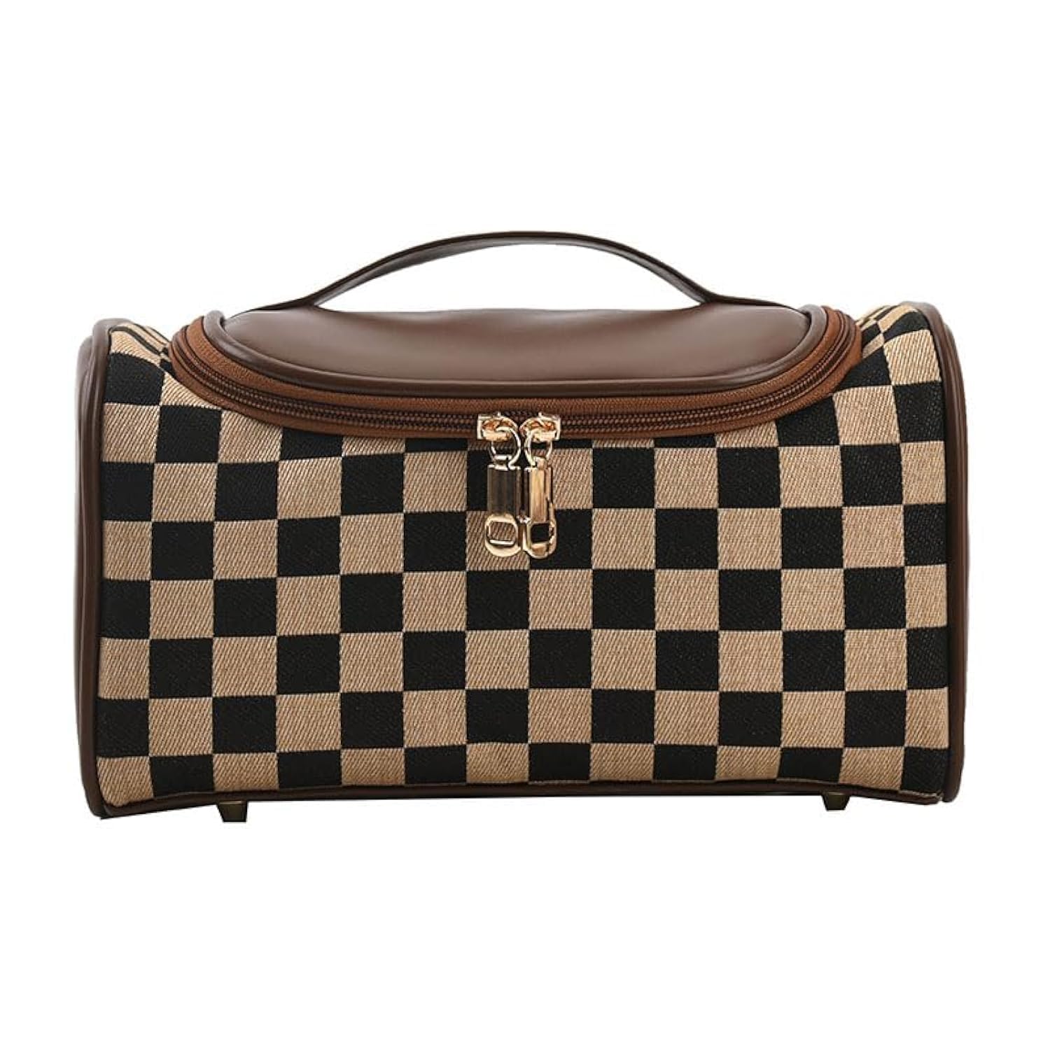 NovEny Stylish Checkered Commuter Cosmetic Bag - Large Capacity Chessboard Pattern Makeup Pouch with Maillard Trim, Fashionable & Functional Travel Organizer (Brown) | Perfect for Daily Commute, Gym, Travel & Makeup Storage