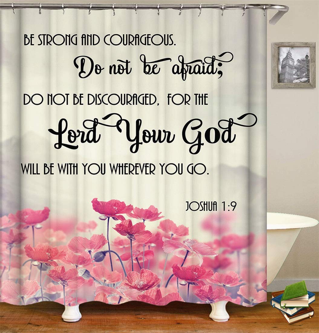 WZM Christian Bible Verse Shower Curtain - Joshua 1:9 Scripture Quote with Pink Floral Design, Waterproof Fabric Bathroom Decor for Home, Church & Dorm - Includes 12 Hooks (72x72 inches)