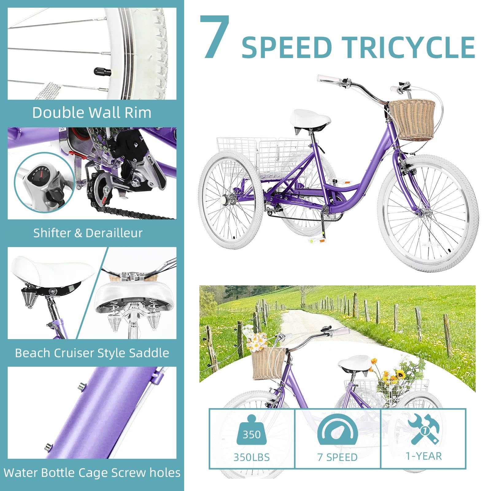 **7-Speed Adult Tricycle for Men & Women - 20/24/26 Inch 3-Wheel Bike with Basket - Comfortable Three-Wheeled Cruiser for Seniors & Adults - Perfect for Grocery Shopping, Leisure Rides & Outdoor Exercise**