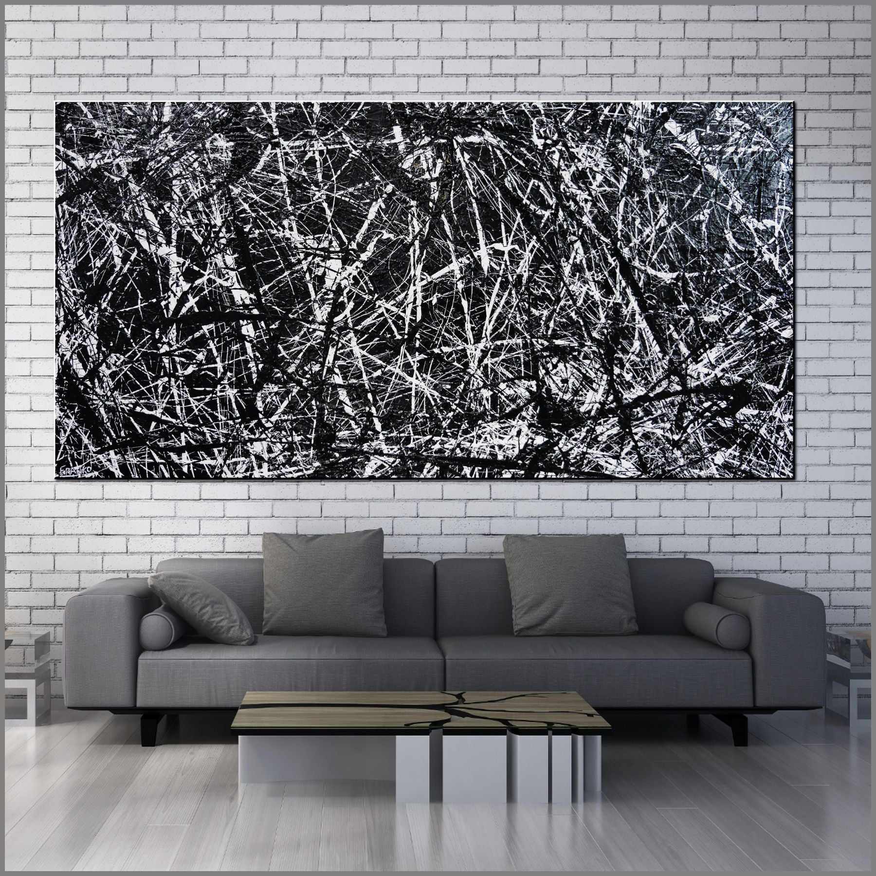 Scattergories 240cm x 120cm White Black Textured Abstract Canvas Wall Art - Modern Home Decor for Living Room, Bedroom & Office