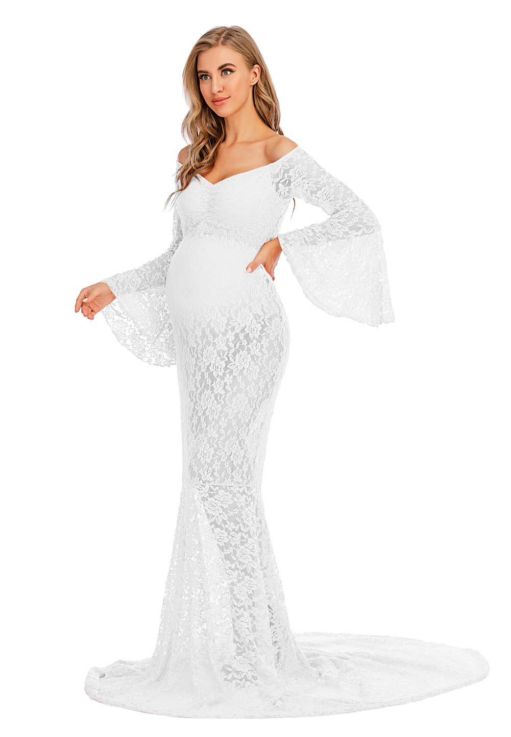 ZIUMUDY Flared Sleeve Lace Maternity Maxi Dress - Off Shoulder See-Through Sexy Pregnancy Gown for Photoshoot, Baby Shower & Special Occasions