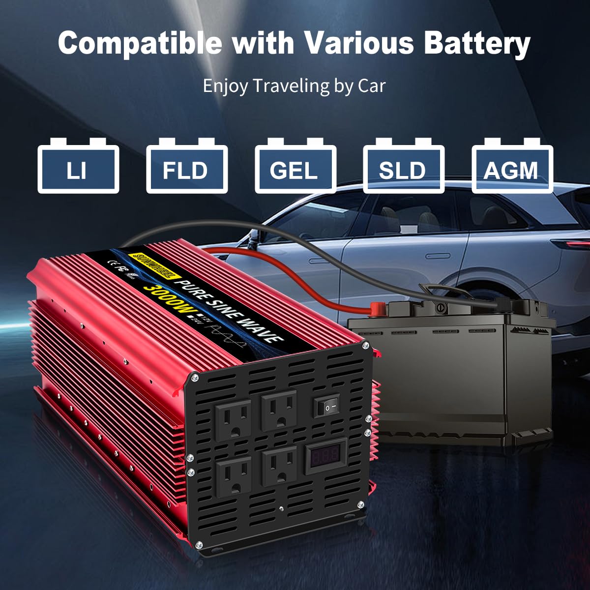 SUNWHEEL 3000W Pure Sine Wave Power Inverter - 24V DC to 110V/120V AC Solar Converter with LCD Display & 4 Outlets for RV, Truck, Home, Camping (Powering Microwave, Refrigerator, AC, TV & More)