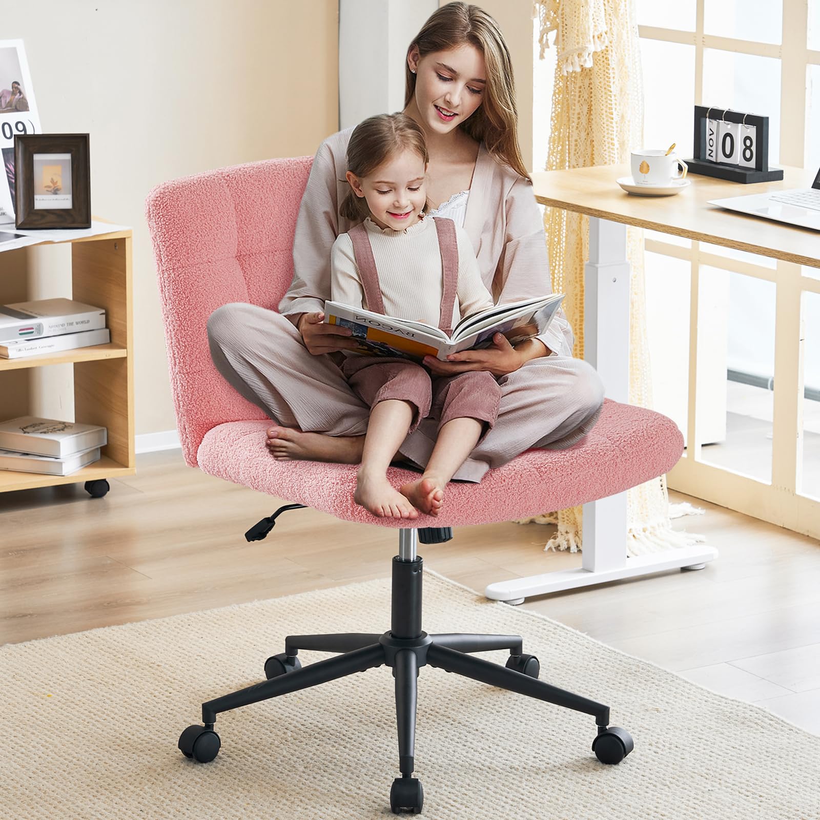 Furnimart Swivel Criss Cross Legged Office Chair with Wheels - Adjustable Height Armless Desk Chair with Comfy Seat, Faux Fur Pink - Perfect for Home Office, Vanity, Bedroom & Small Spaces