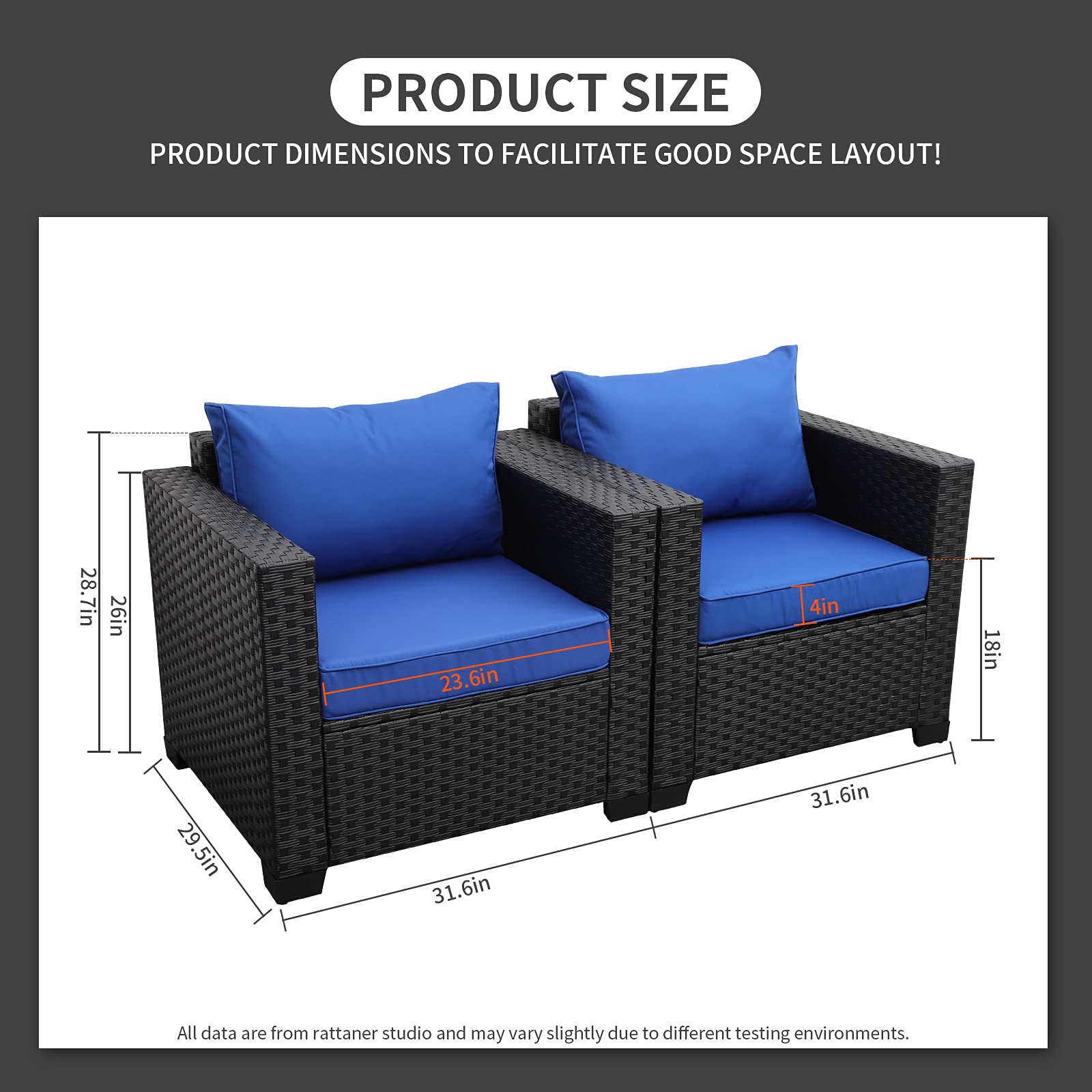 Rattan Patio Single Sofa Chairs Set of 2 - Outdoor Wicker Accent Club Chairs with Anti-Slip Cushions & Waterproof Cover, Royal Blue - Perfect for Garden, Poolside, Deck, and Backyard Relaxation