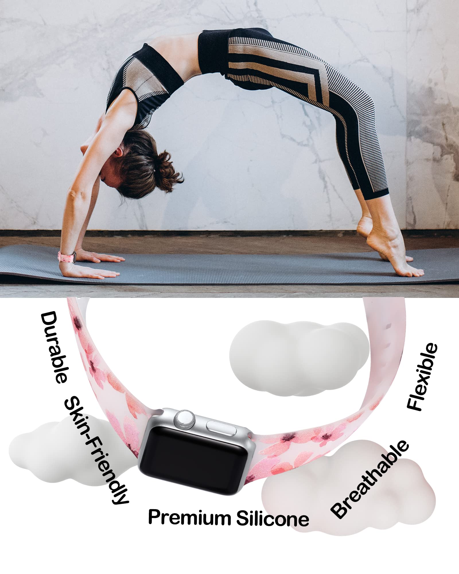 Witzon Compatible Apple Watch Band for Series 8/7/6/5/4/3/2/1/SE/Ultra - 38mm 40mm 41mm 42mm 44mm 45mm 49mm Cute Floral Print Silicone Sport Strap Replacement for Women - Perfect for Workouts, Running & Everyday Wear