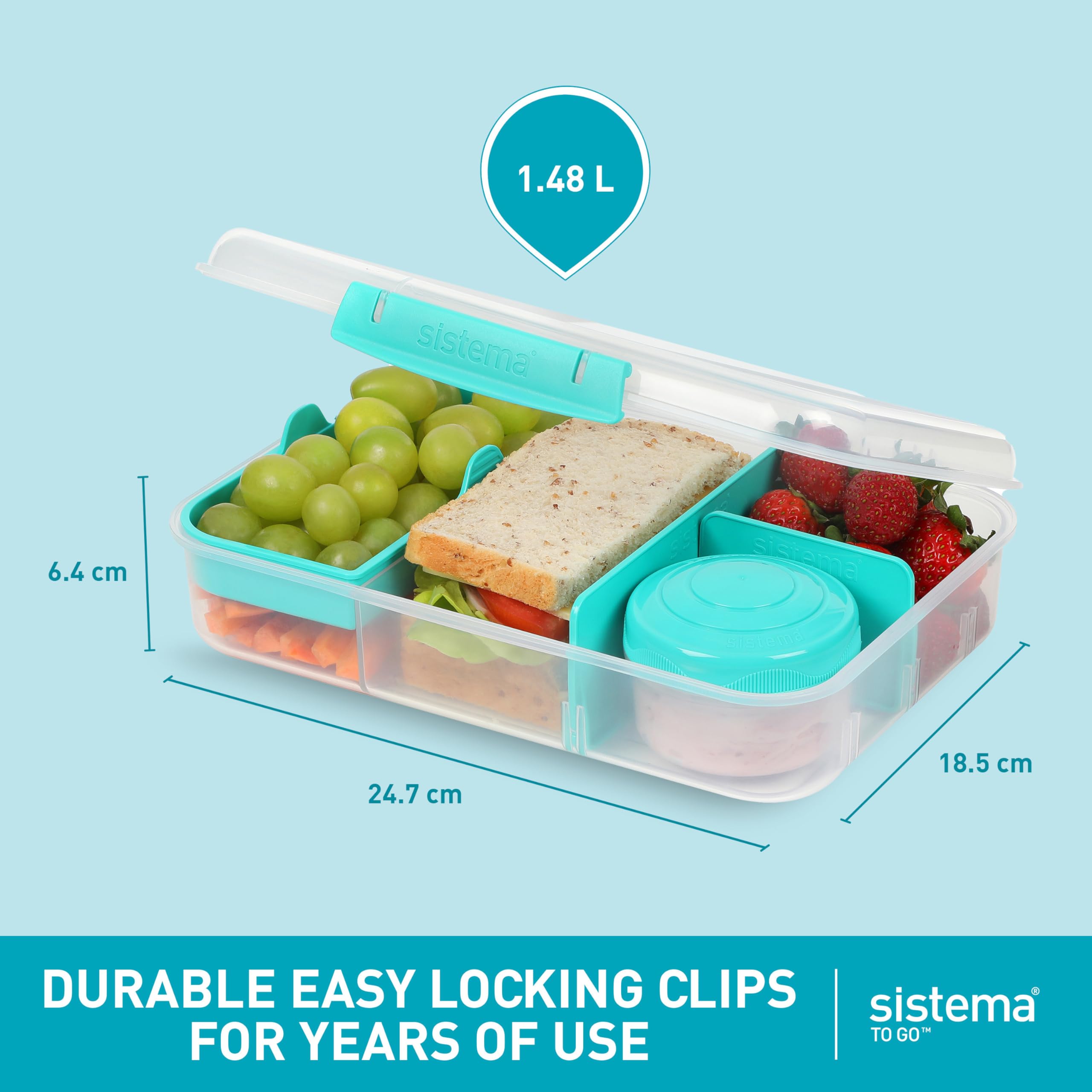Sistema Bento Create To Go 6-Cup Food Storage Container Bento Box with Lid and Dividers, 2 Pack, Minty Teal - Perfect for Meal Prep, School Lunches & Office Snacks