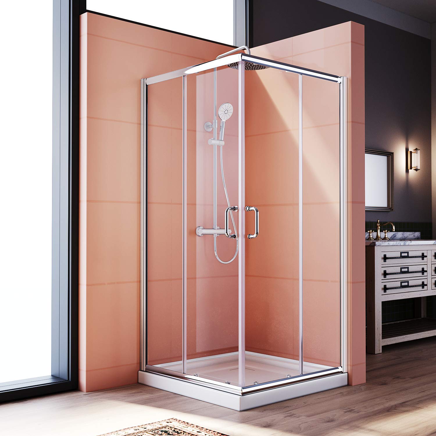 Elegant 34x34x72 Inch Corner Shower Enclosure with Double Sliding Doors & 2 Stationary Panels - 1/4